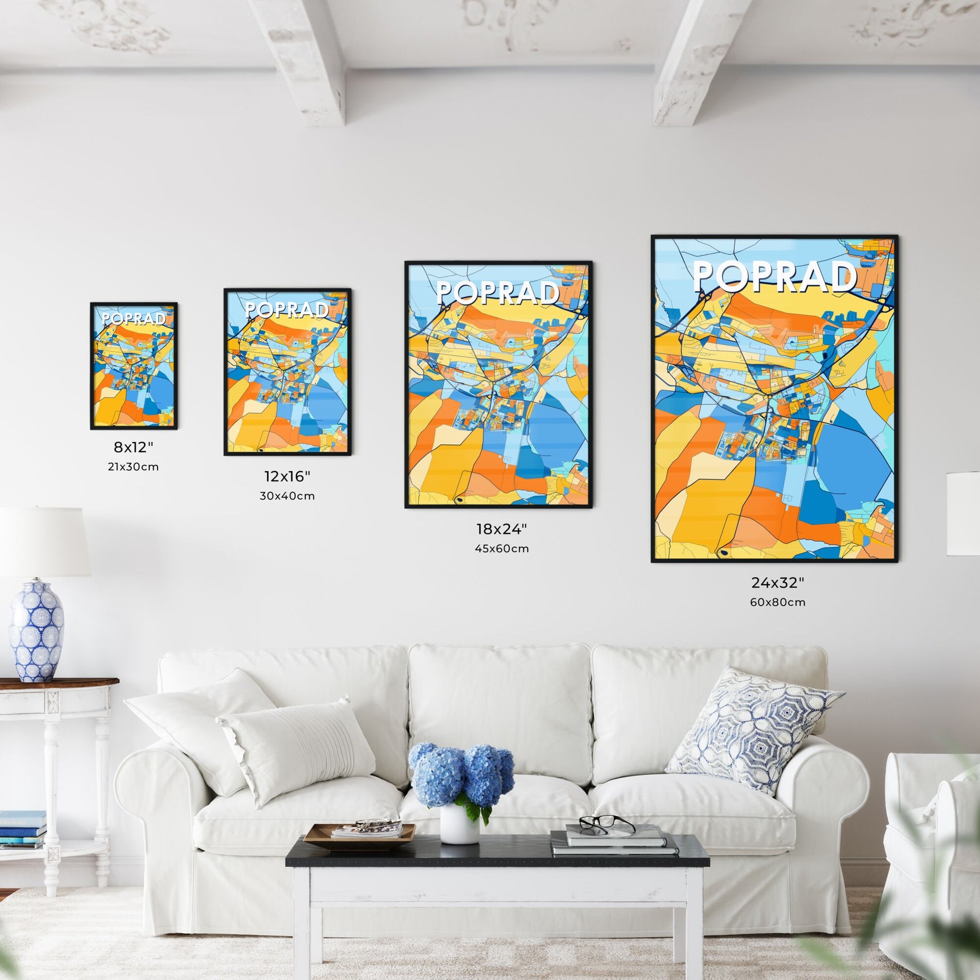 POPRAD SLOVAKIA Vibrant Colorful Art Map Poster Blue Orange