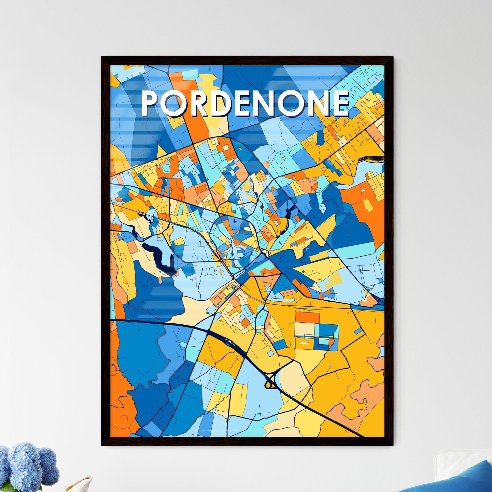 PORDENONE ITALY Vibrant Colorful Art Map Poster Blue Orange