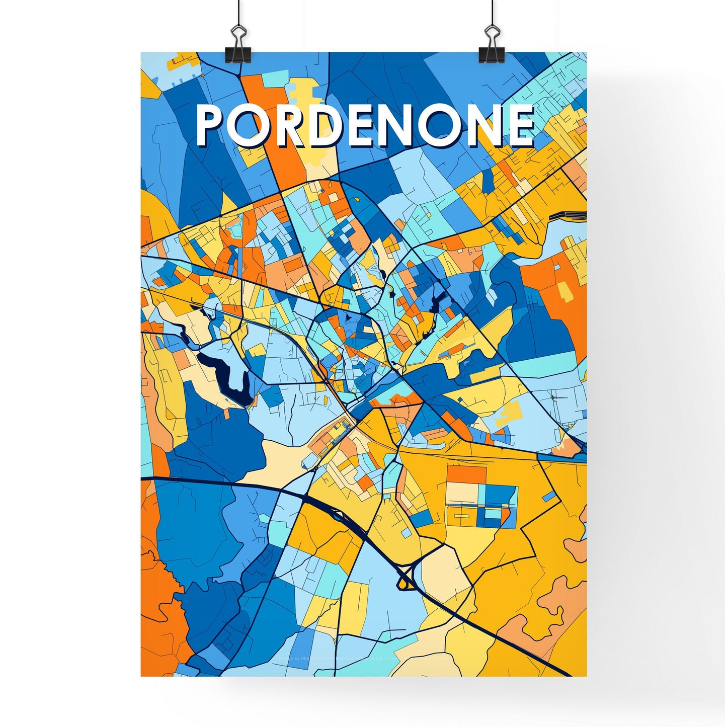 PORDENONE ITALY Vibrant Colorful Art Map Poster Blue Orange