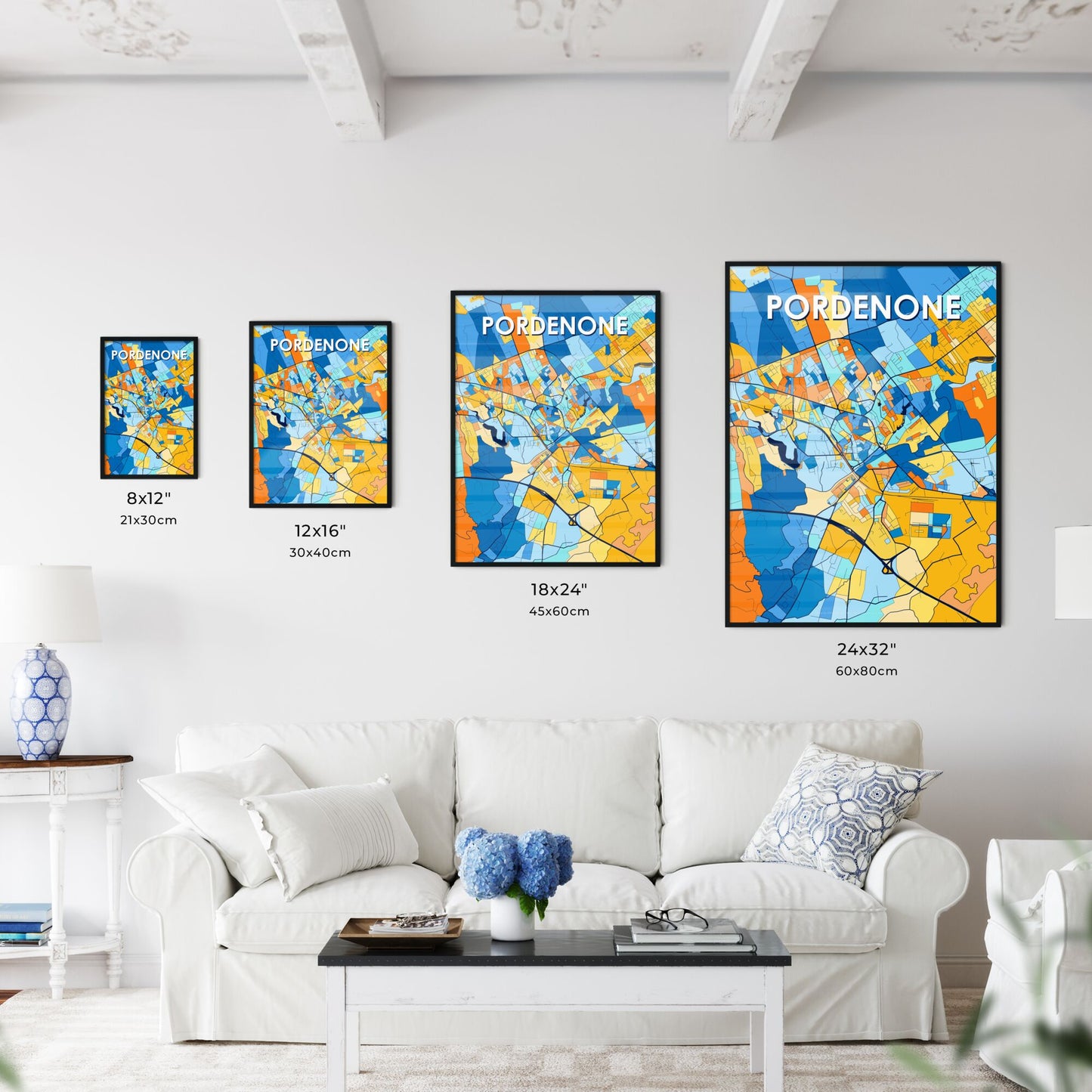 PORDENONE ITALY Vibrant Colorful Art Map Poster Blue Orange