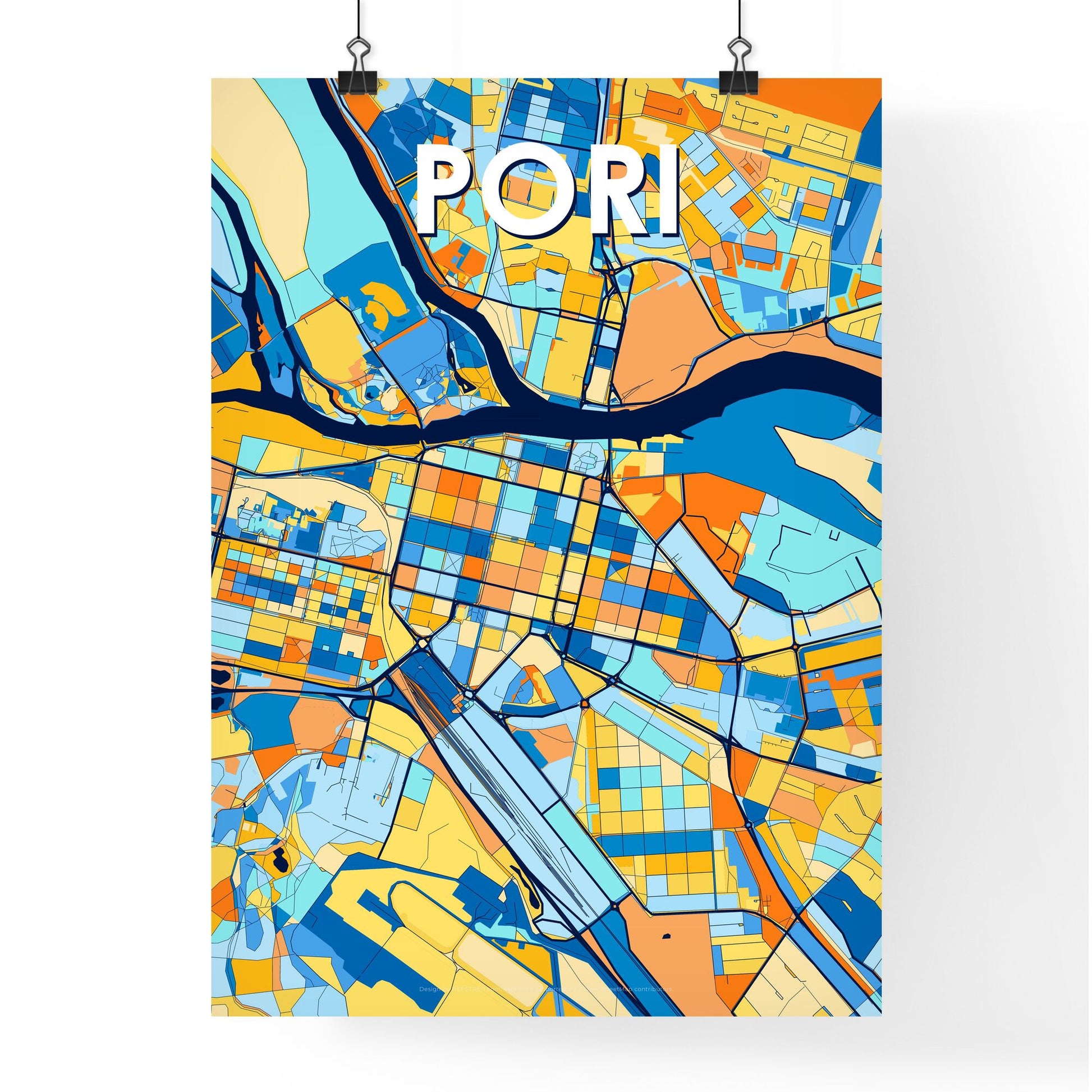 PORI FINLAND Vibrant Colorful Art Map Poster Blue Orange