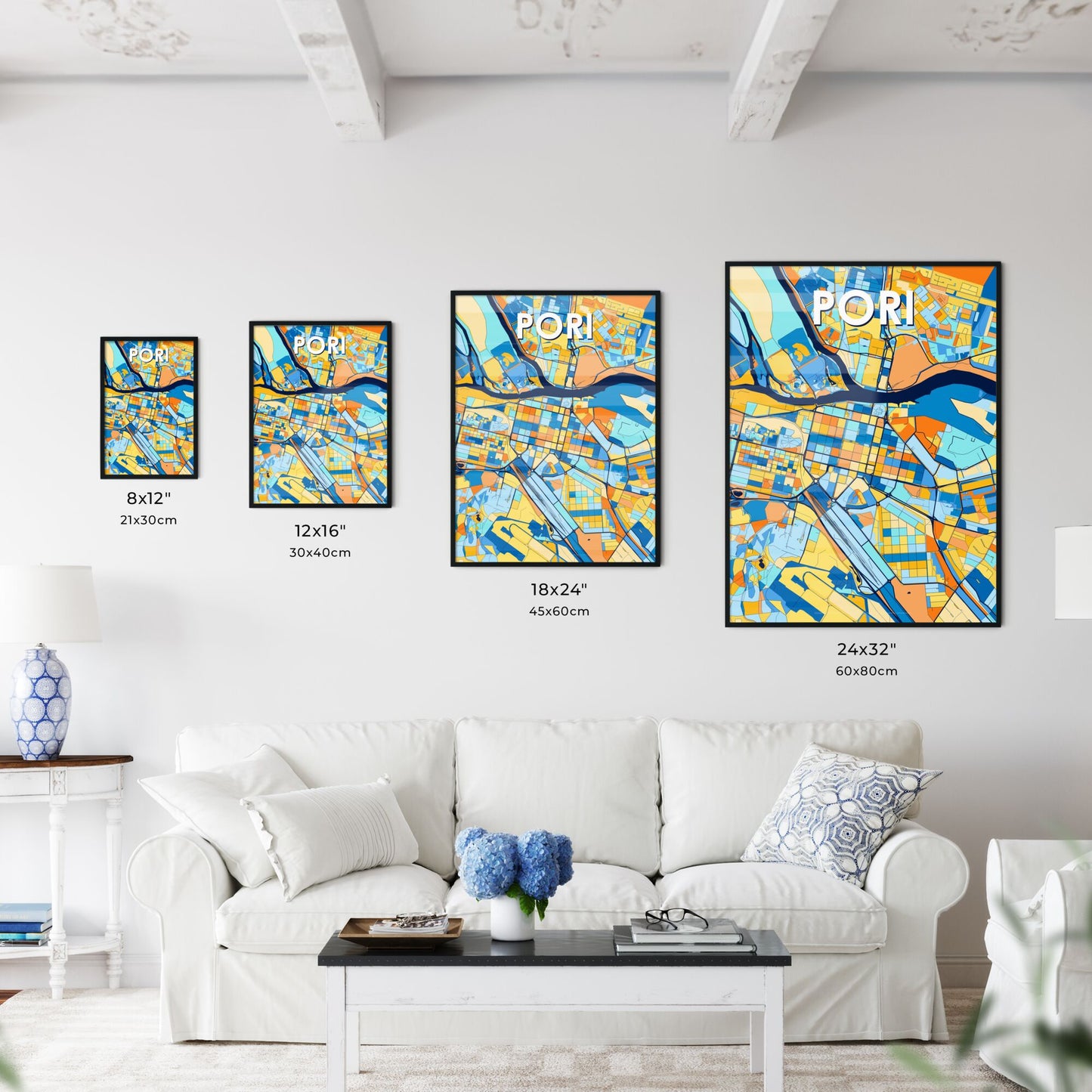 PORI FINLAND Vibrant Colorful Art Map Poster Blue Orange