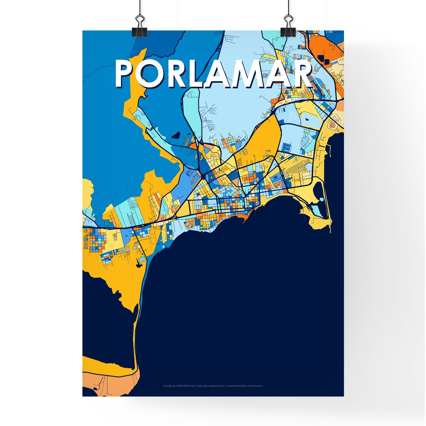 PORLAMAR VENEZUELA Vibrant Colorful Art Map Poster Blue Orange