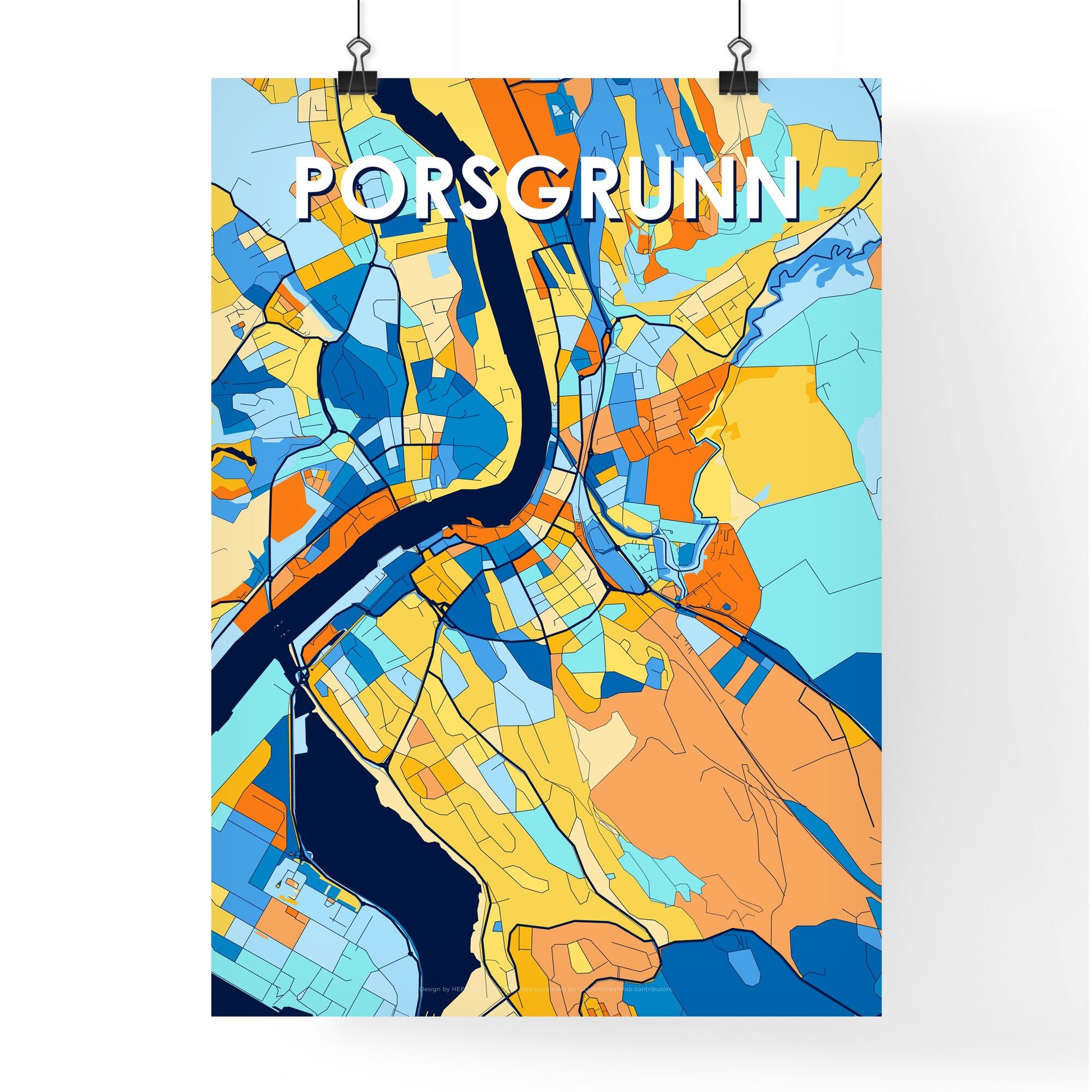 PORSGRUNN NORWAY Vibrant Colorful Art Map Poster Blue Orange