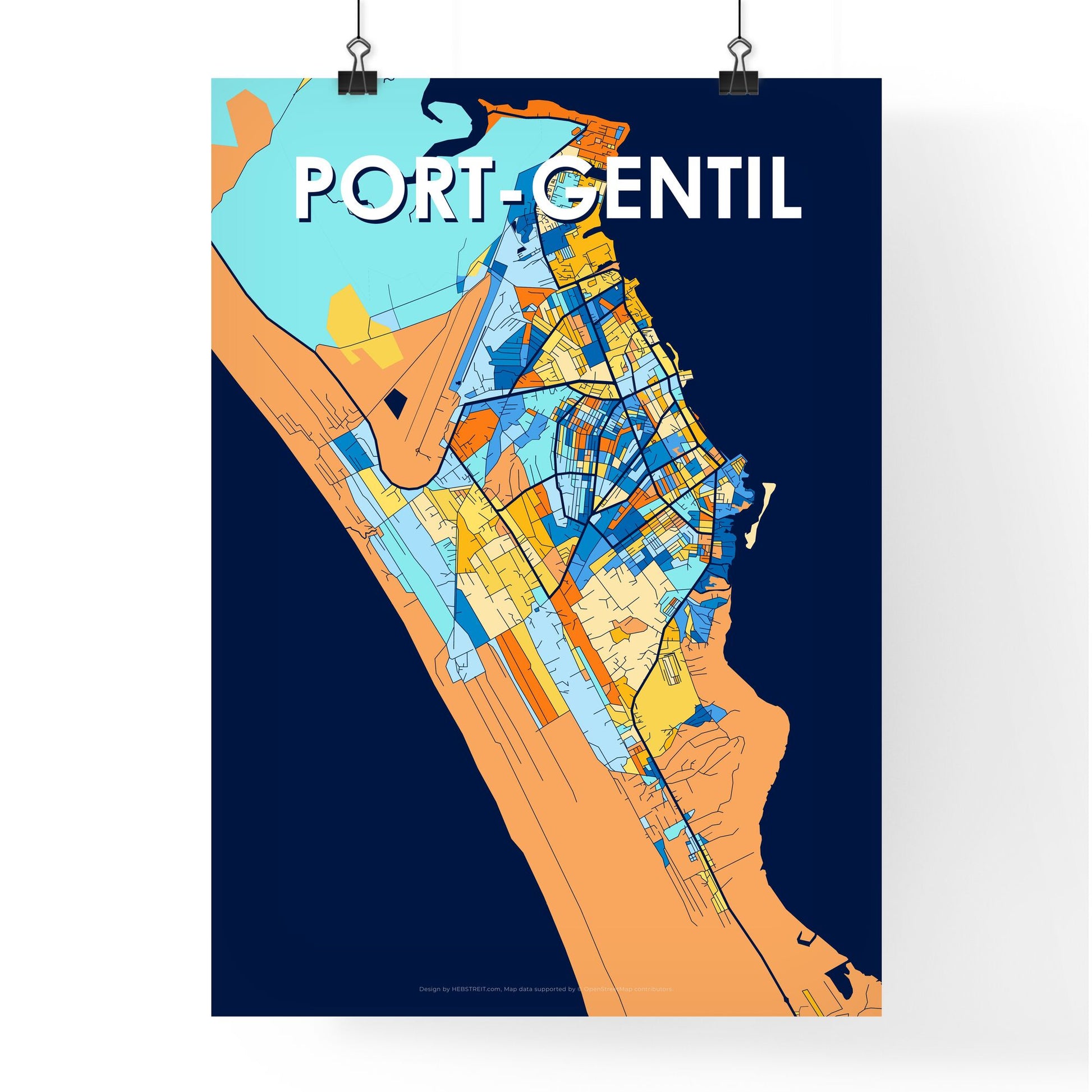 PORT-GENTIL GABON Vibrant Colorful Art Map Poster Blue Orange