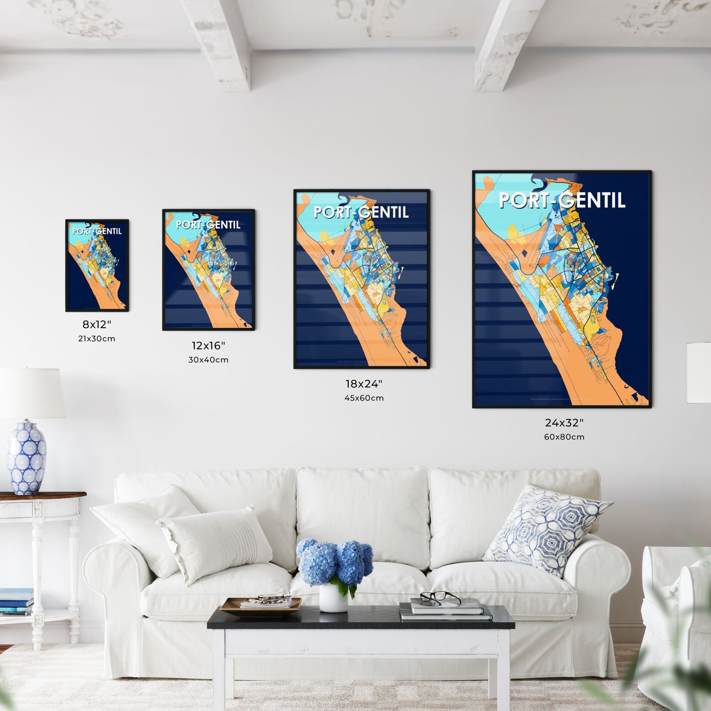 PORT-GENTIL GABON Vibrant Colorful Art Map Poster Blue Orange