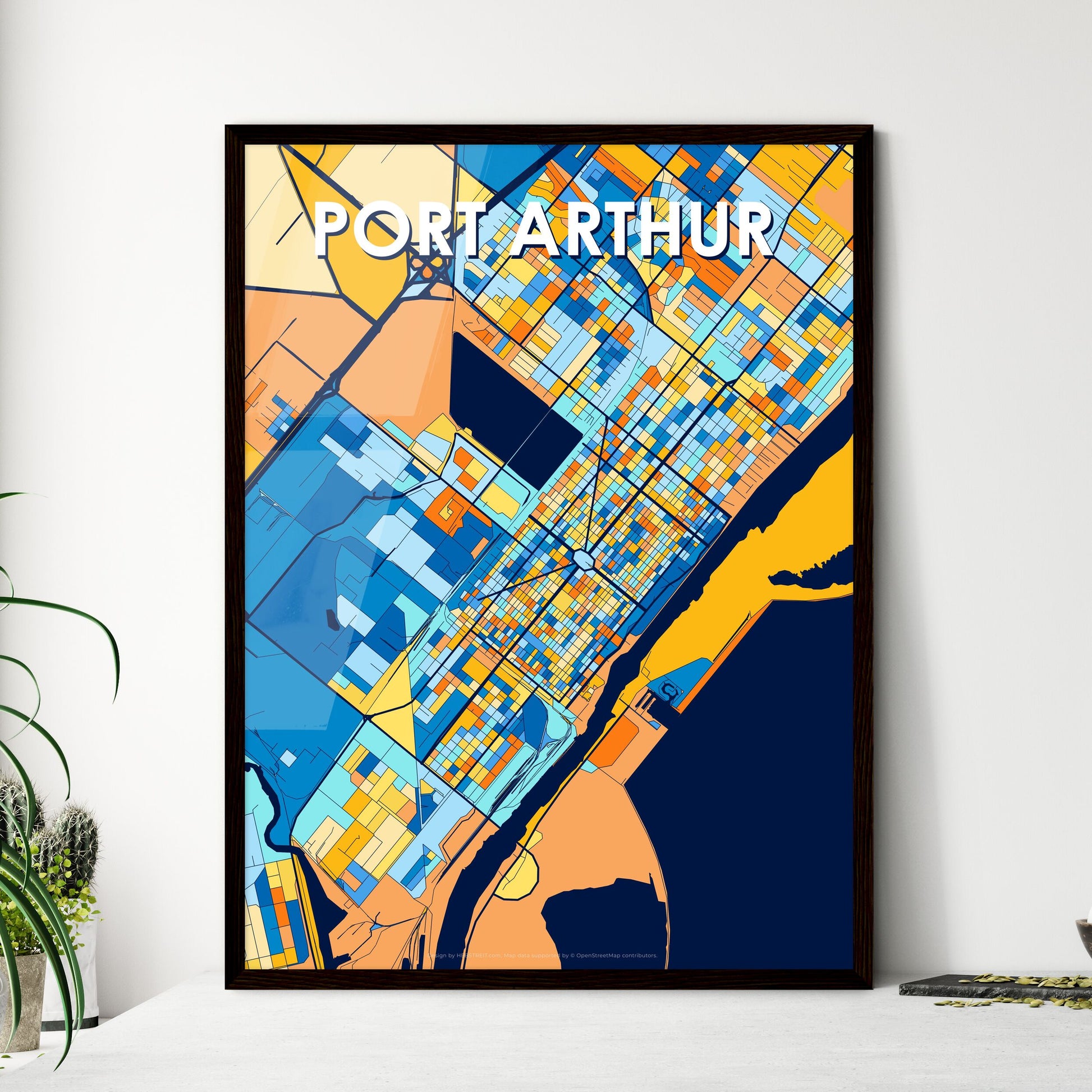 PORT ARTHUR TEXAS Vibrant Colorful Art Map Poster Blue Orange