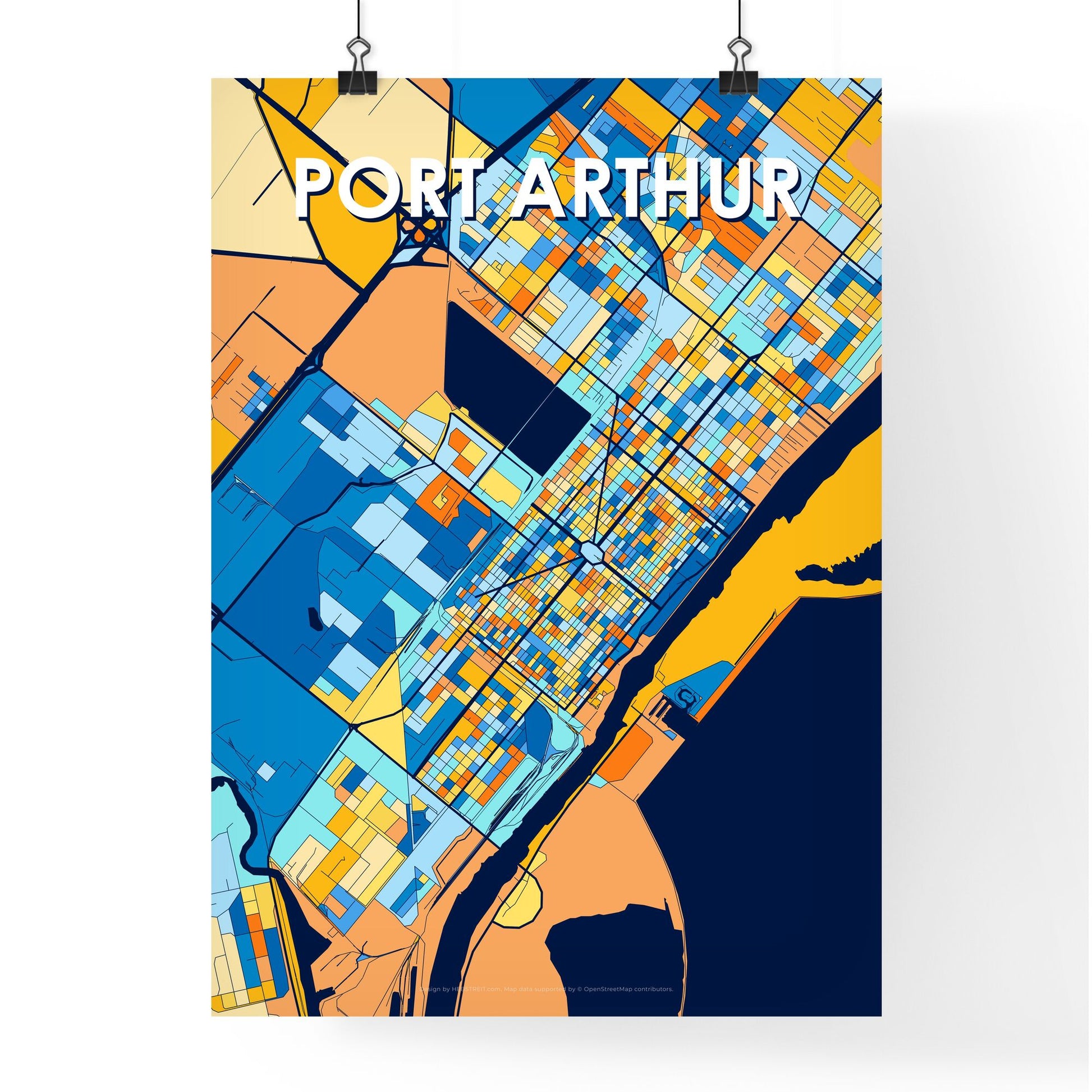 PORT ARTHUR TEXAS Vibrant Colorful Art Map Poster Blue Orange