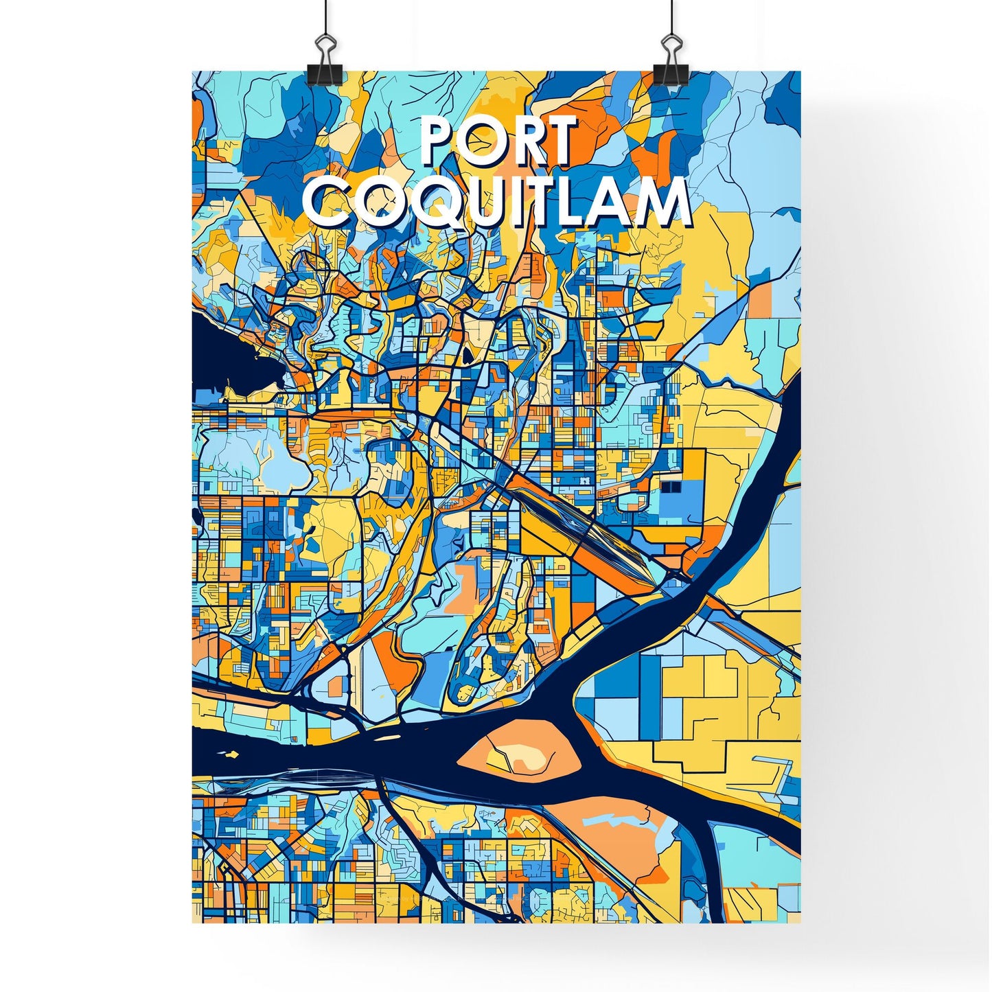 PORT COQUITLAM CANADA Vibrant Colorful Art Map Poster Blue Orange