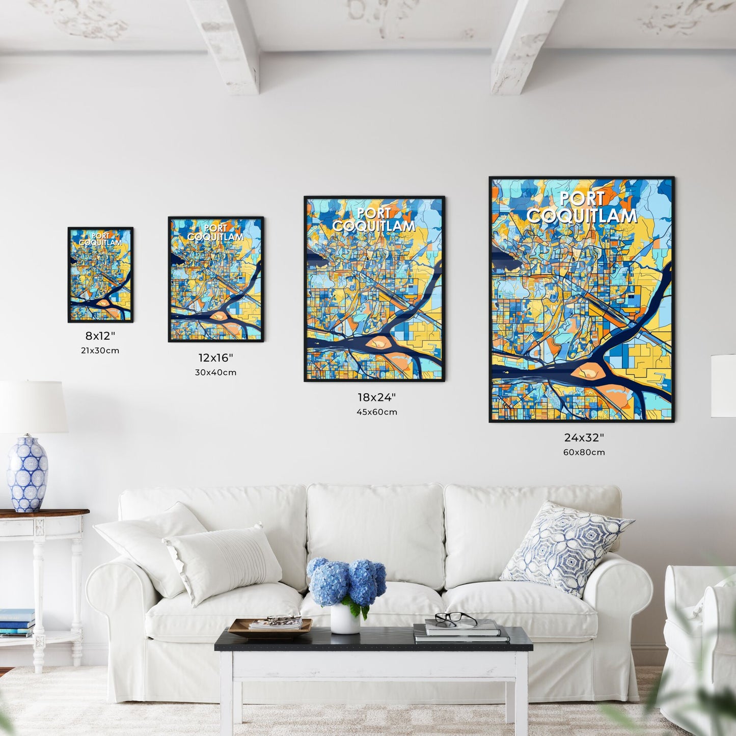 PORT COQUITLAM CANADA Vibrant Colorful Art Map Poster Blue Orange