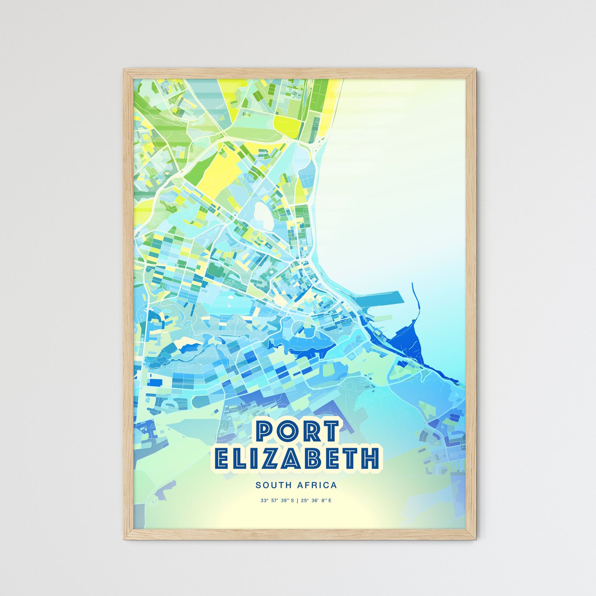 Colorful Port Elizabeth South Africa Fine Art Map Cool Blue