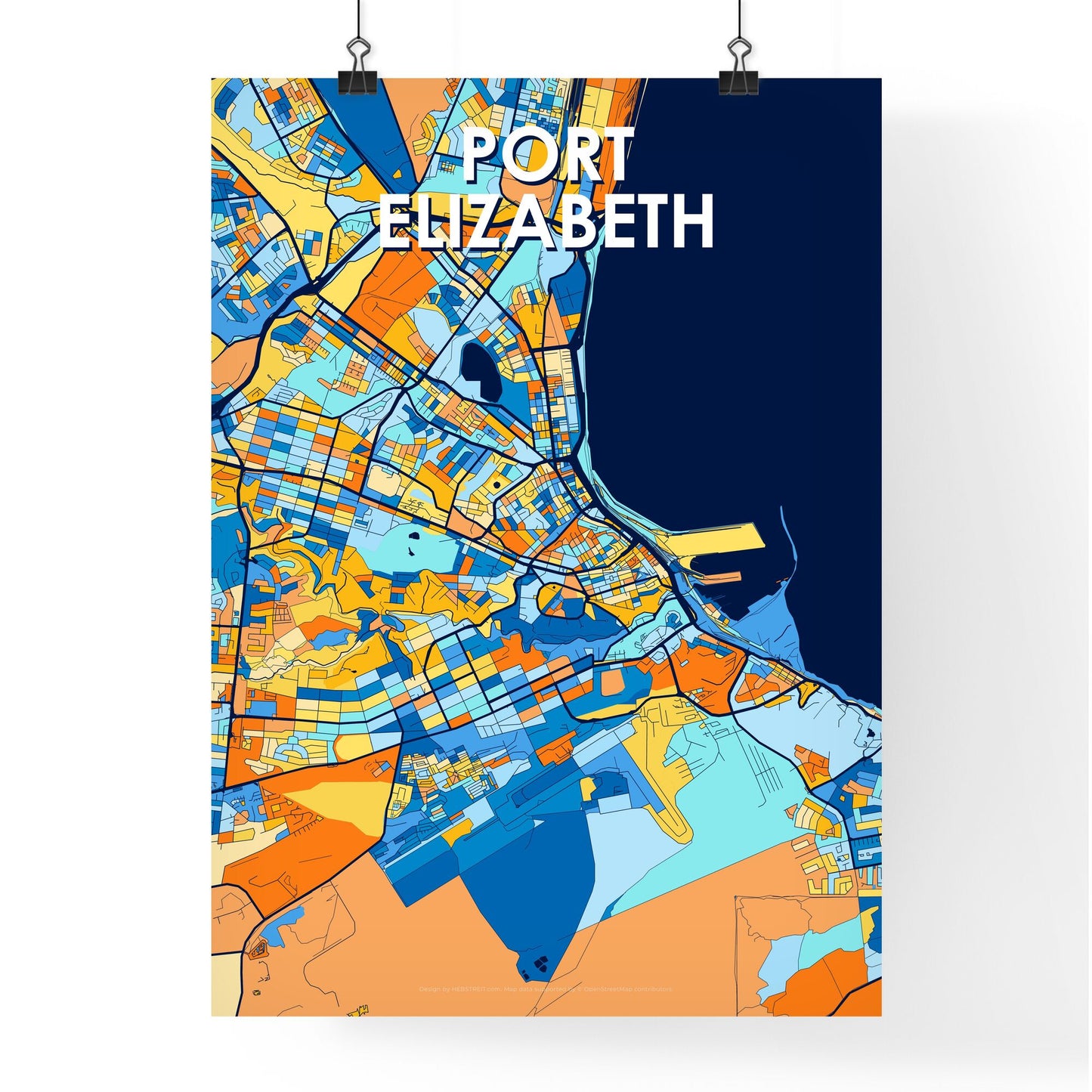 PORT ELIZABETH SOUTH AFRICA Vibrant Colorful Art Map Poster Blue Orange