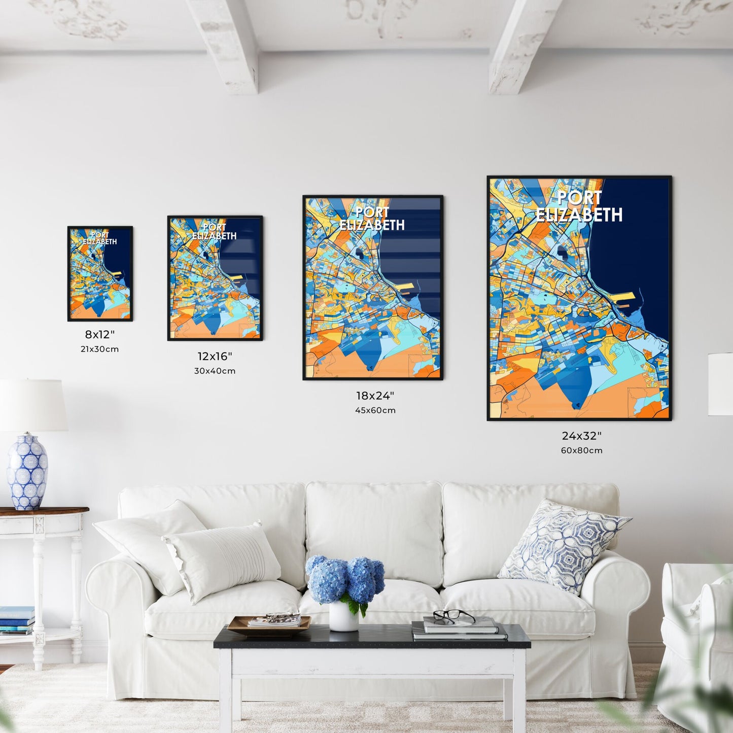 PORT ELIZABETH SOUTH AFRICA Vibrant Colorful Art Map Poster Blue Orange