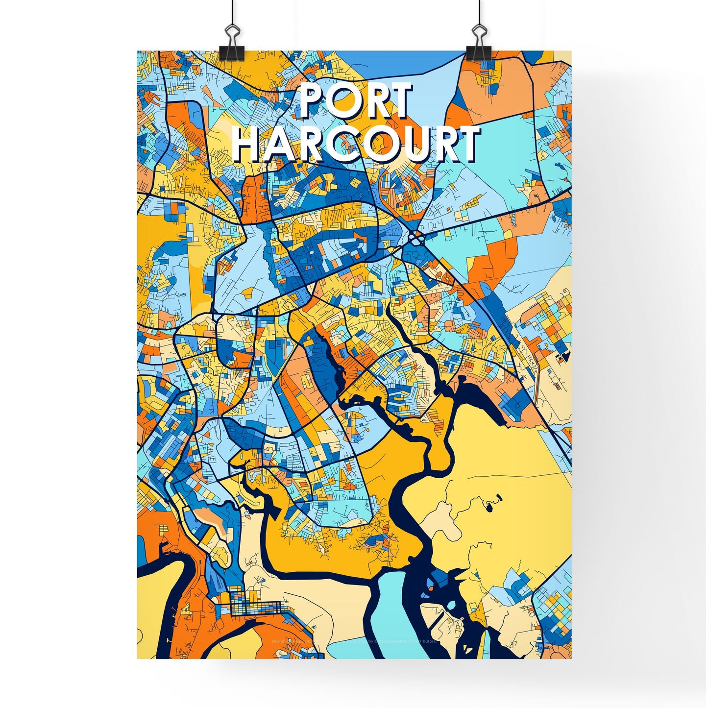 PORT HARCOURT NIGERIA Vibrant Colorful Art Map Poster Blue Orange