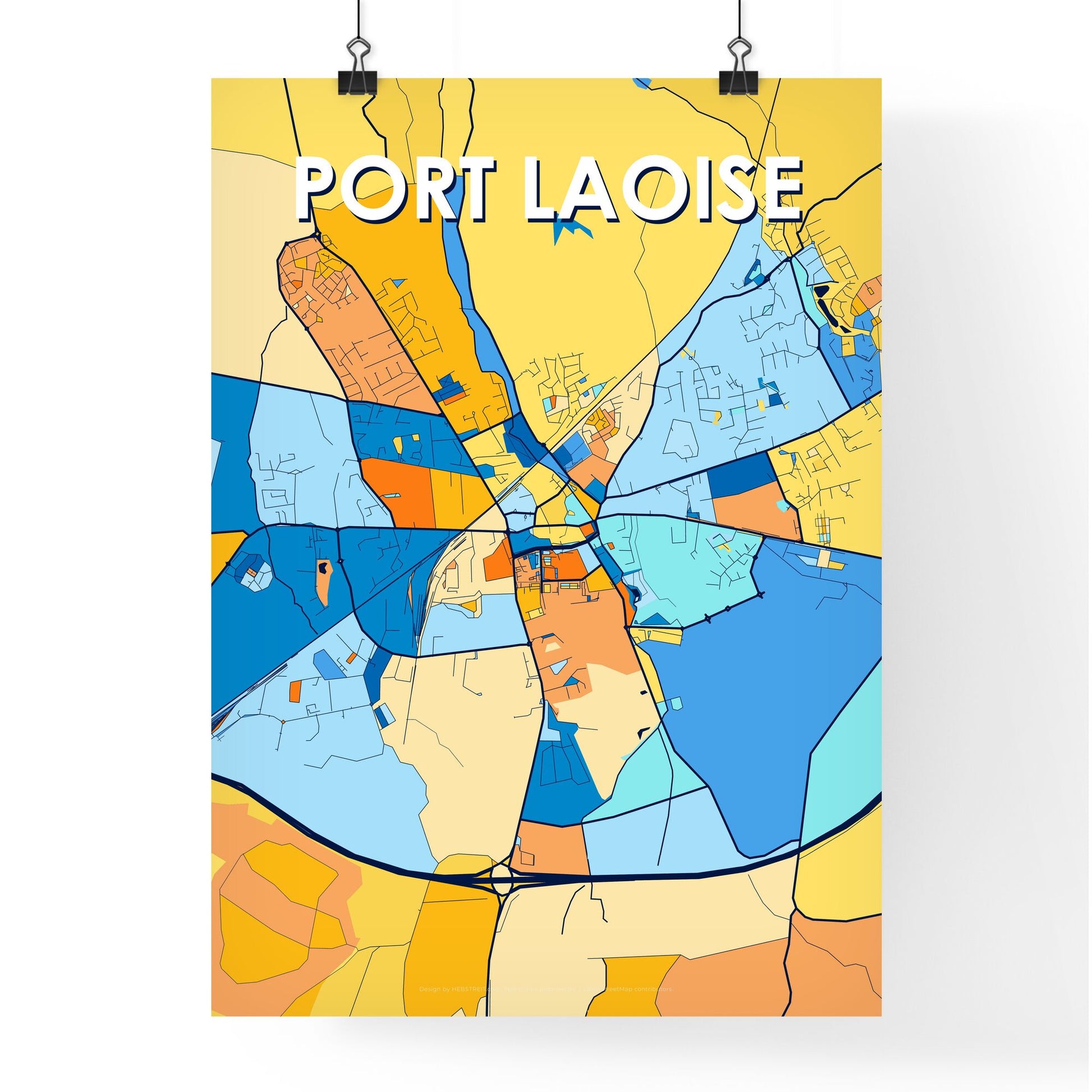 PORT LAOISE IRELAND Vibrant Colorful Art Map Poster Blue Orange
