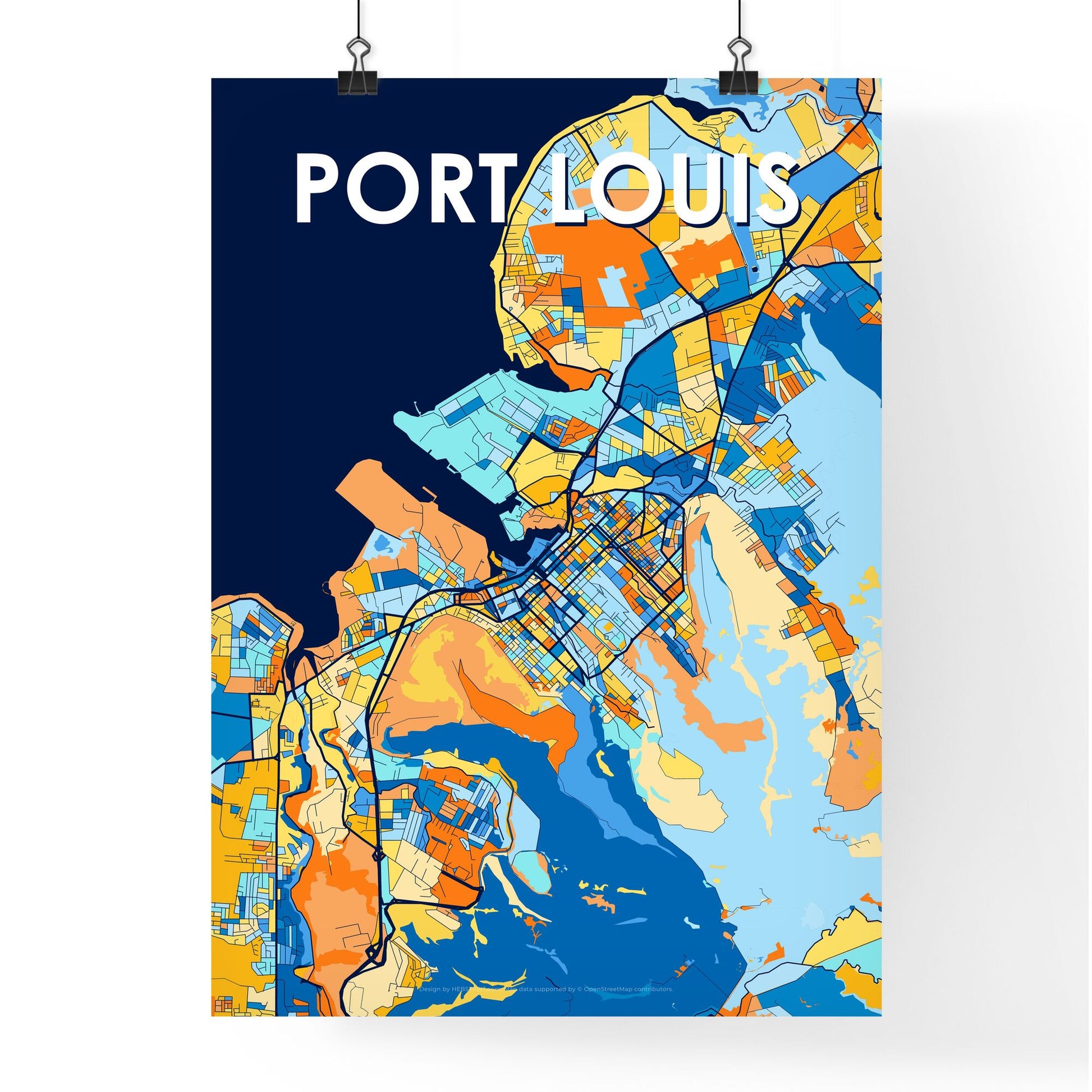 PORT LOUIS MAURITIUS Vibrant Colorful Art Map Poster Blue Orange