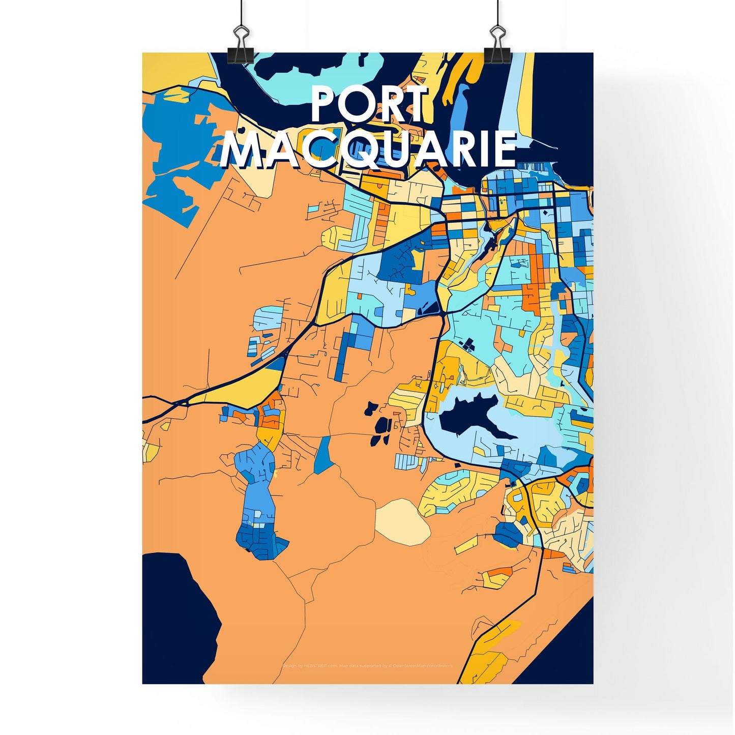 PORT MACQUARIE AUSTRALIA Vibrant Colorful Art Map Poster Blue Orange