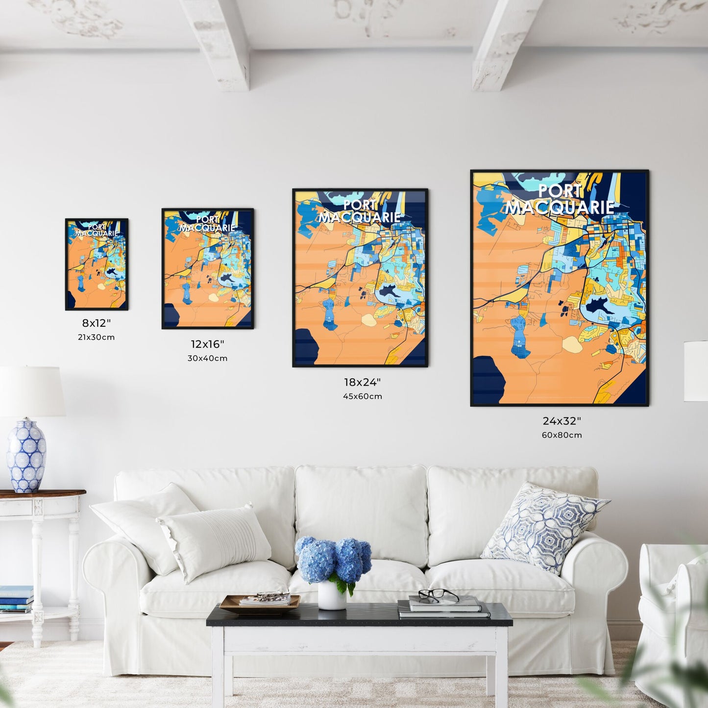 PORT MACQUARIE AUSTRALIA Vibrant Colorful Art Map Poster Blue Orange