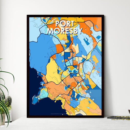 PORT MORESBY PAPUA NEW GUINEA Vibrant Colorful Art Map Poster Blue Orange