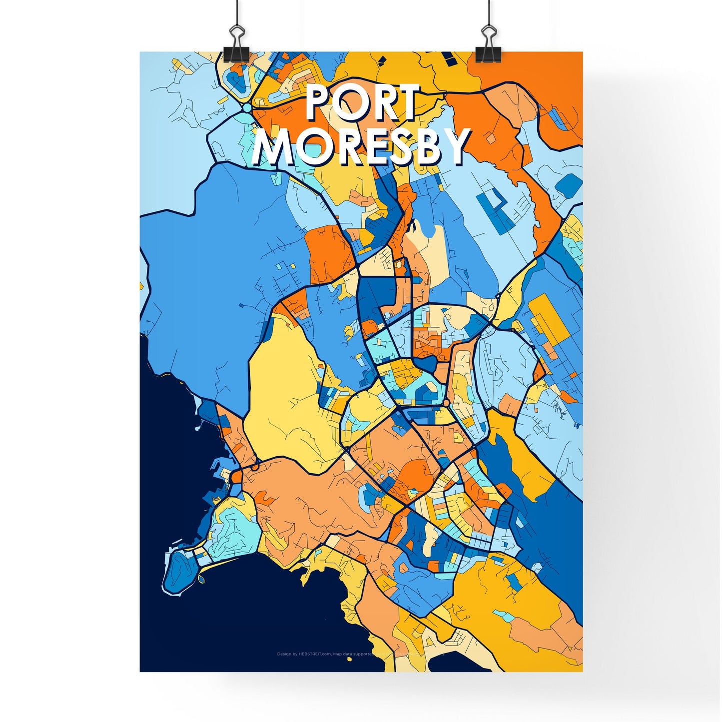 PORT MORESBY PAPUA NEW GUINEA Vibrant Colorful Art Map Poster Blue Orange