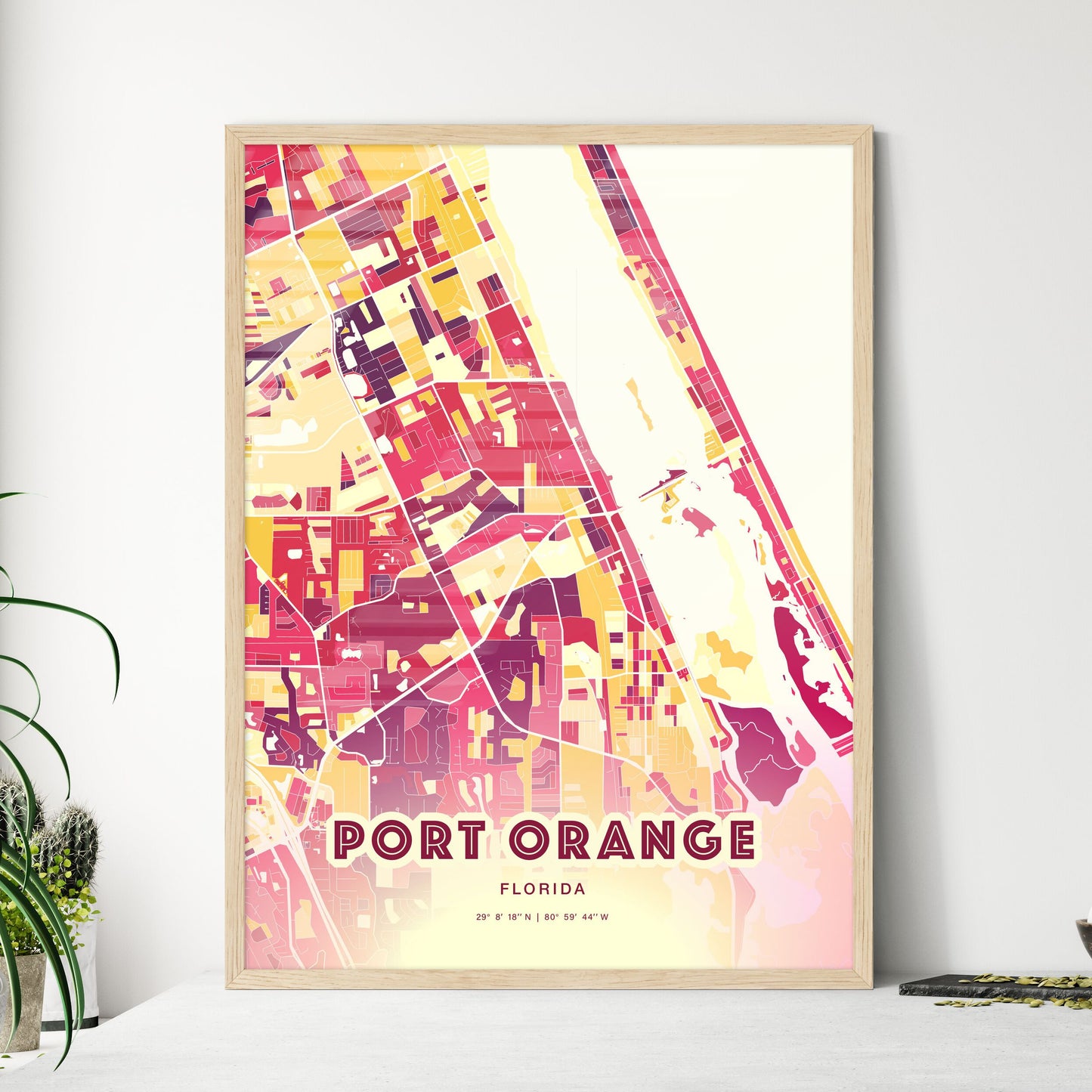 Colorful Port Orange Florida Fine Art Map Hot Red