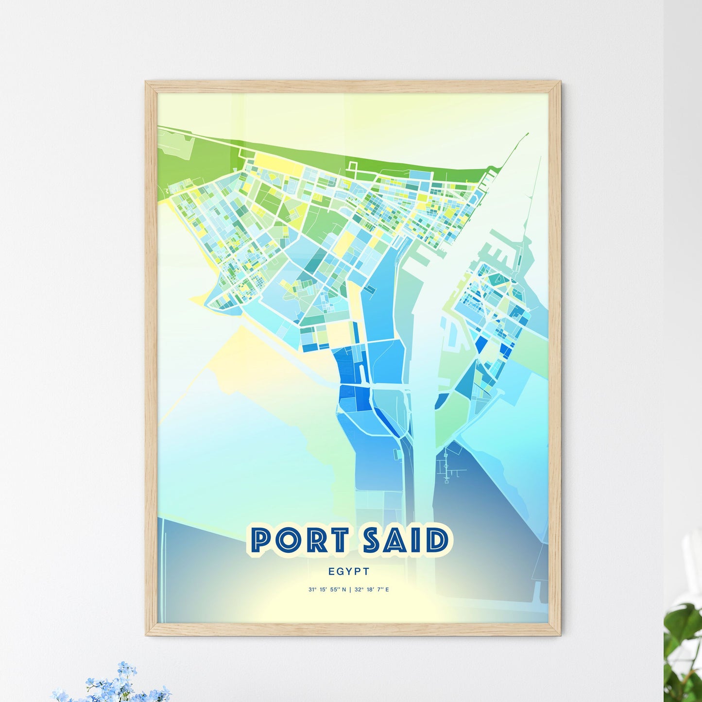 Colorful Port Said Egypt Fine Art Map Cool Blue