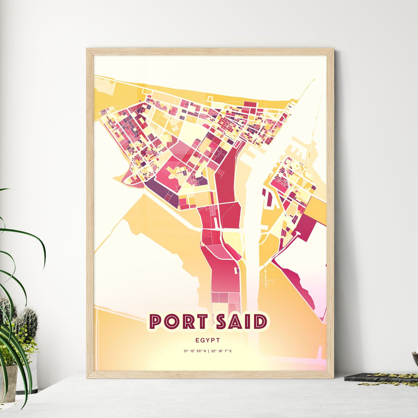 Colorful Port Said Egypt Fine Art Map Hot Red