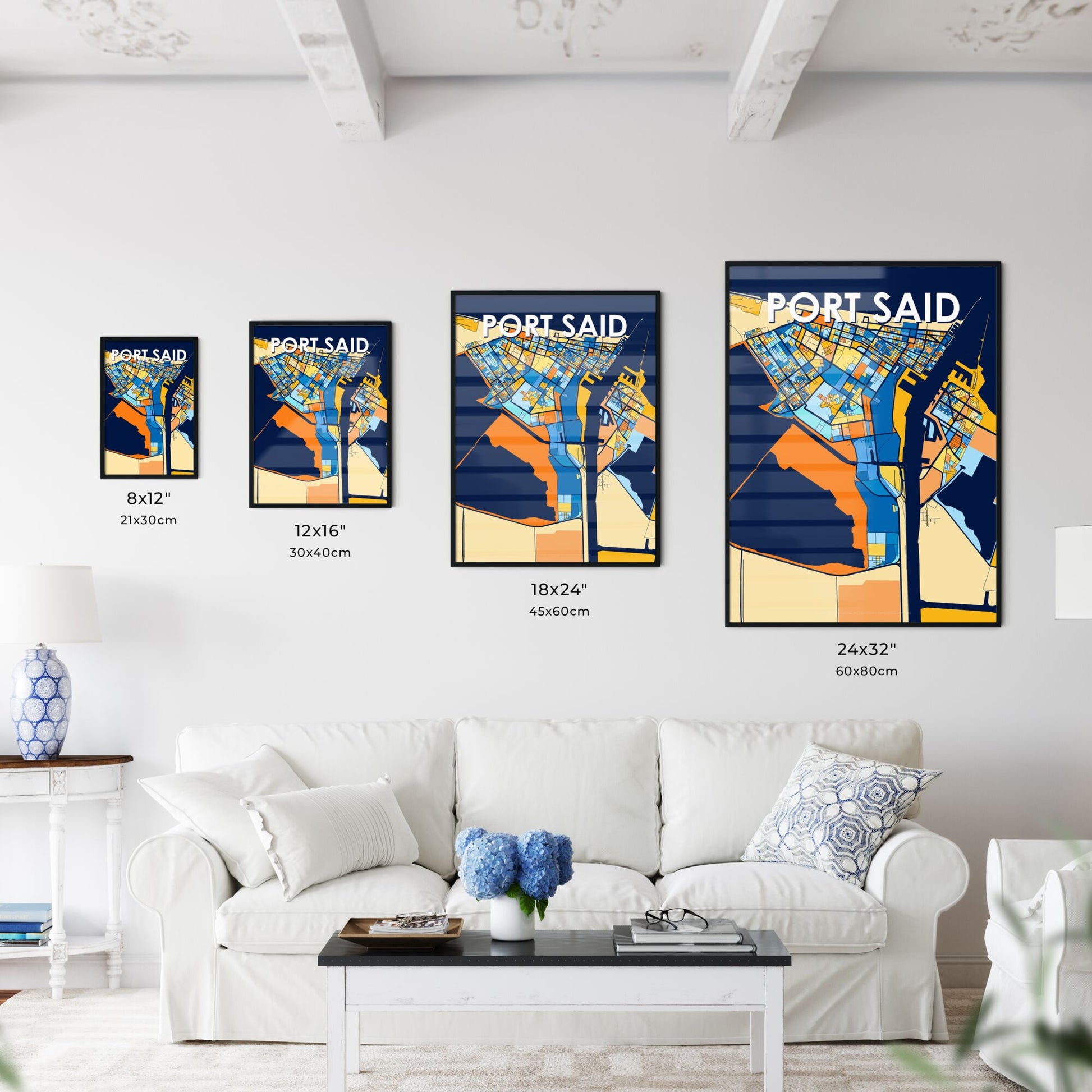 PORT SAID EGYPT Vibrant Colorful Art Map Poster Blue Orange