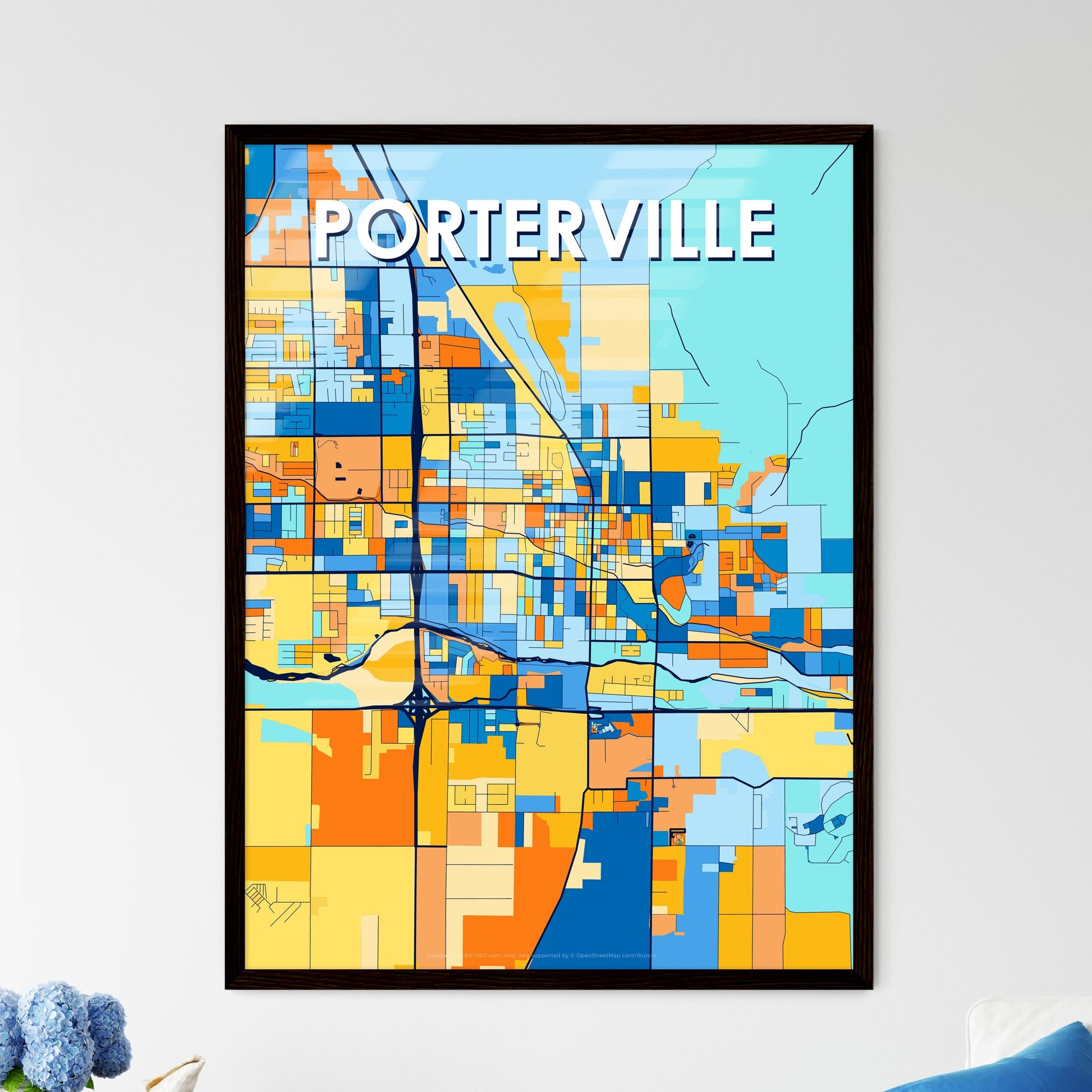 PORTERVILLE CALIFORNIA Vibrant Colorful Art Map Poster Blue Orange