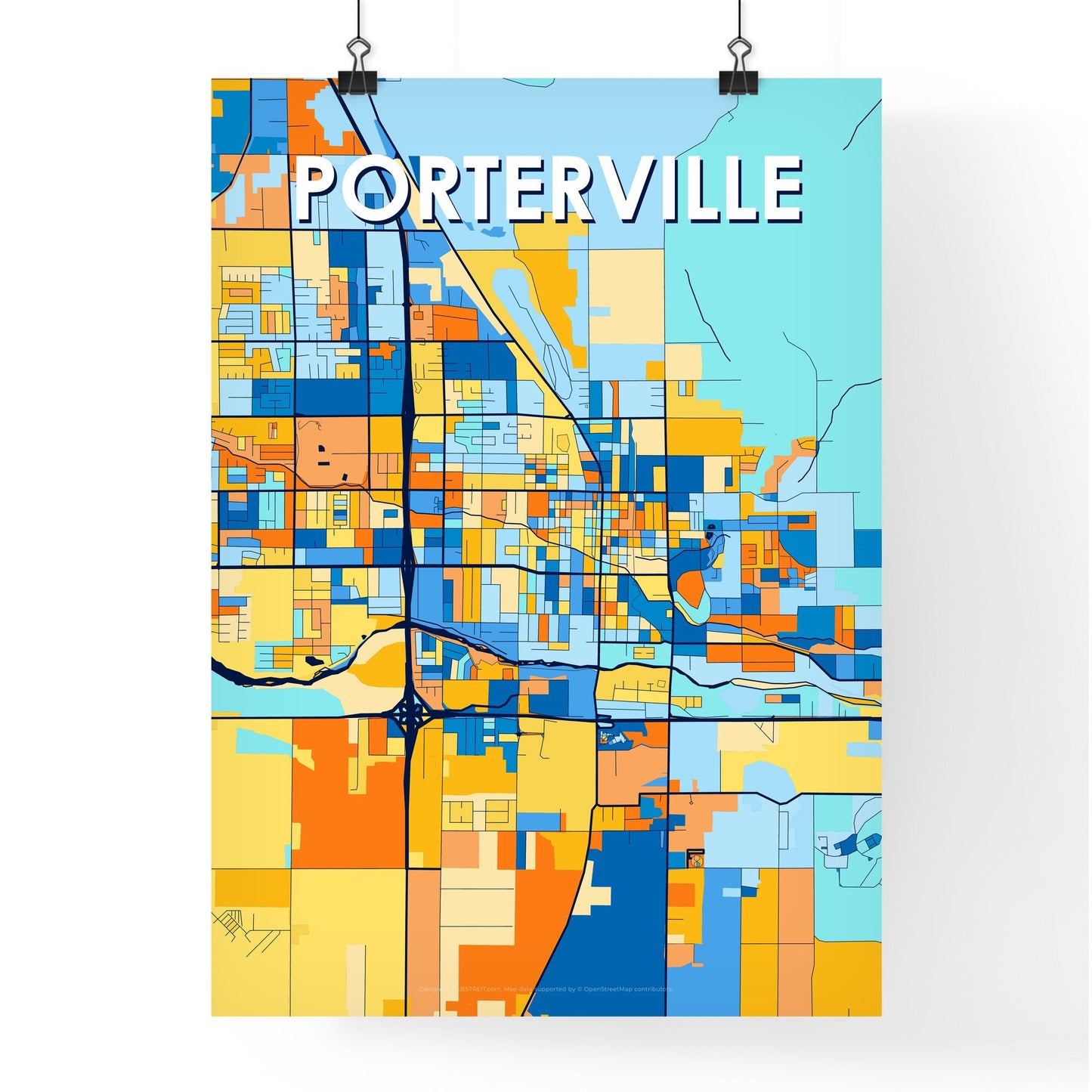 PORTERVILLE CALIFORNIA Vibrant Colorful Art Map Poster Blue Orange