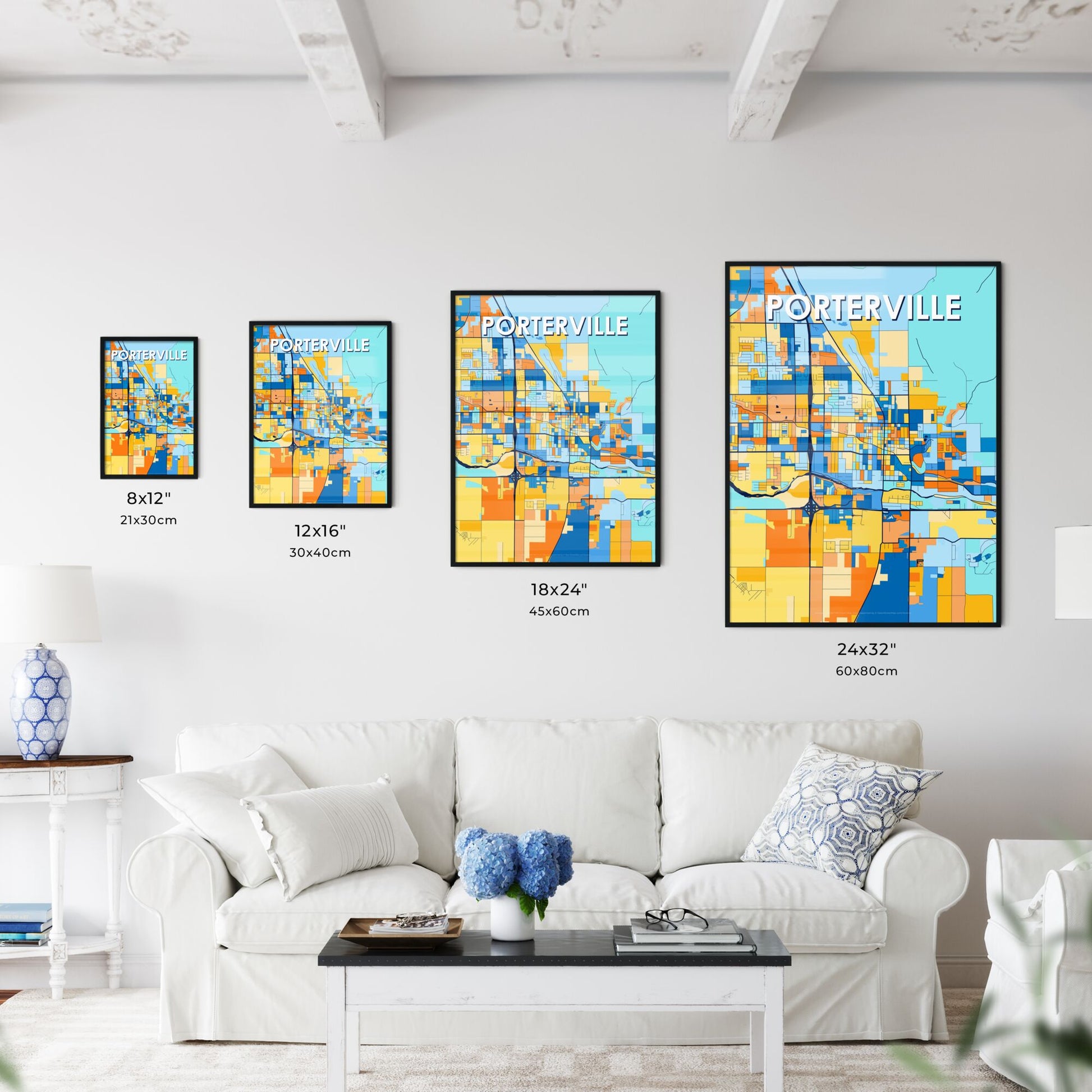 PORTERVILLE CALIFORNIA Vibrant Colorful Art Map Poster Blue Orange