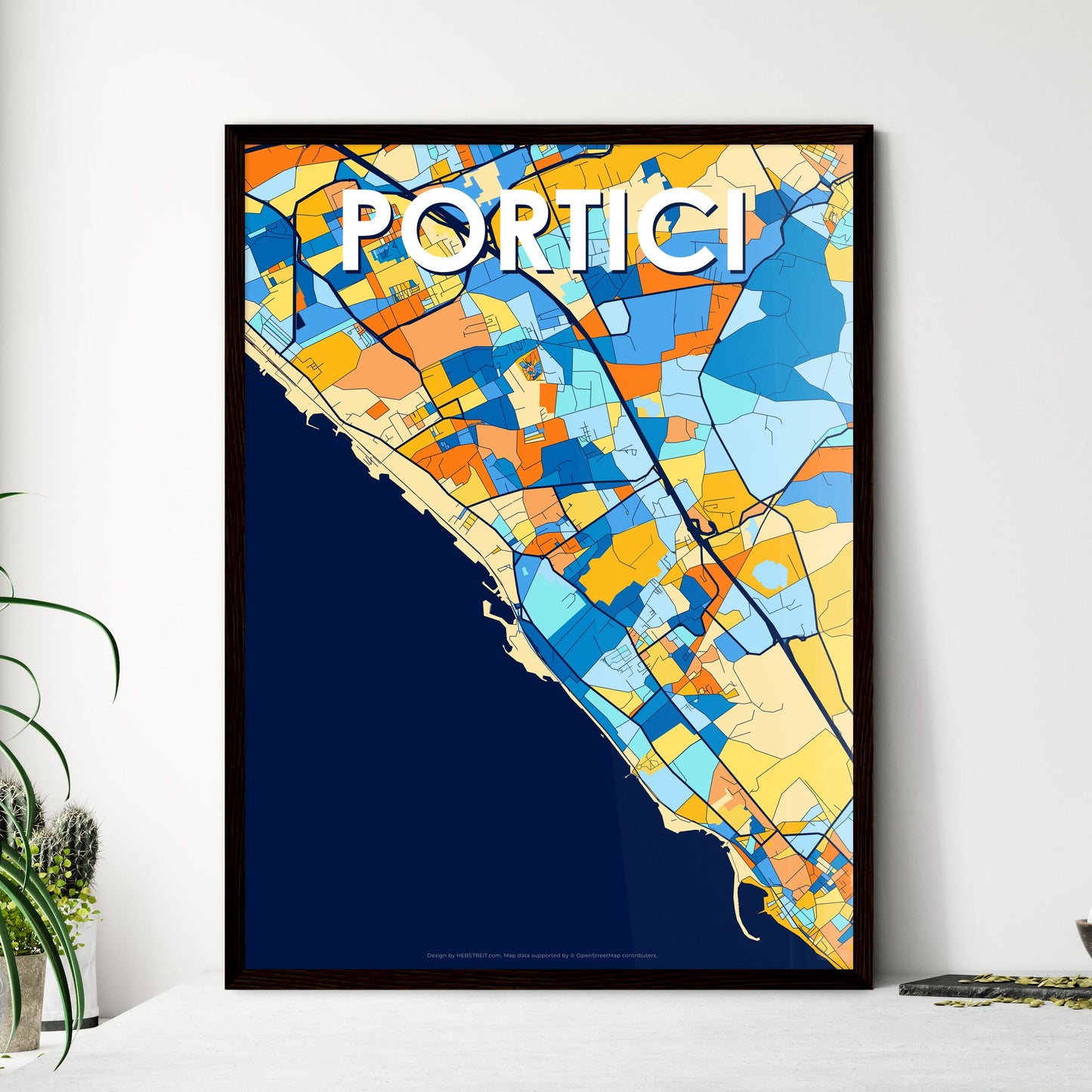 PORTICI ITALY Vibrant Colorful Art Map Poster Blue Orange