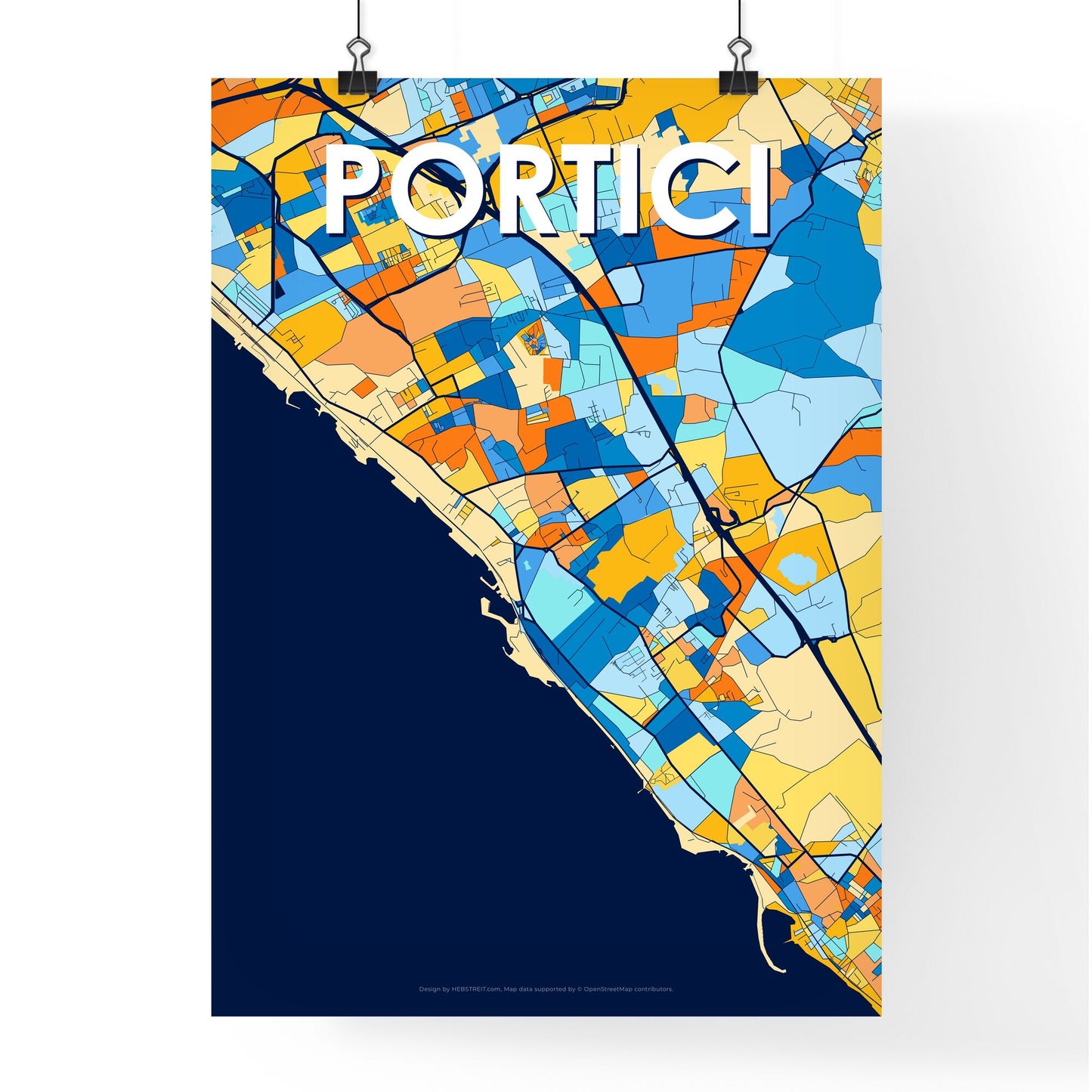 PORTICI ITALY Vibrant Colorful Art Map Poster Blue Orange