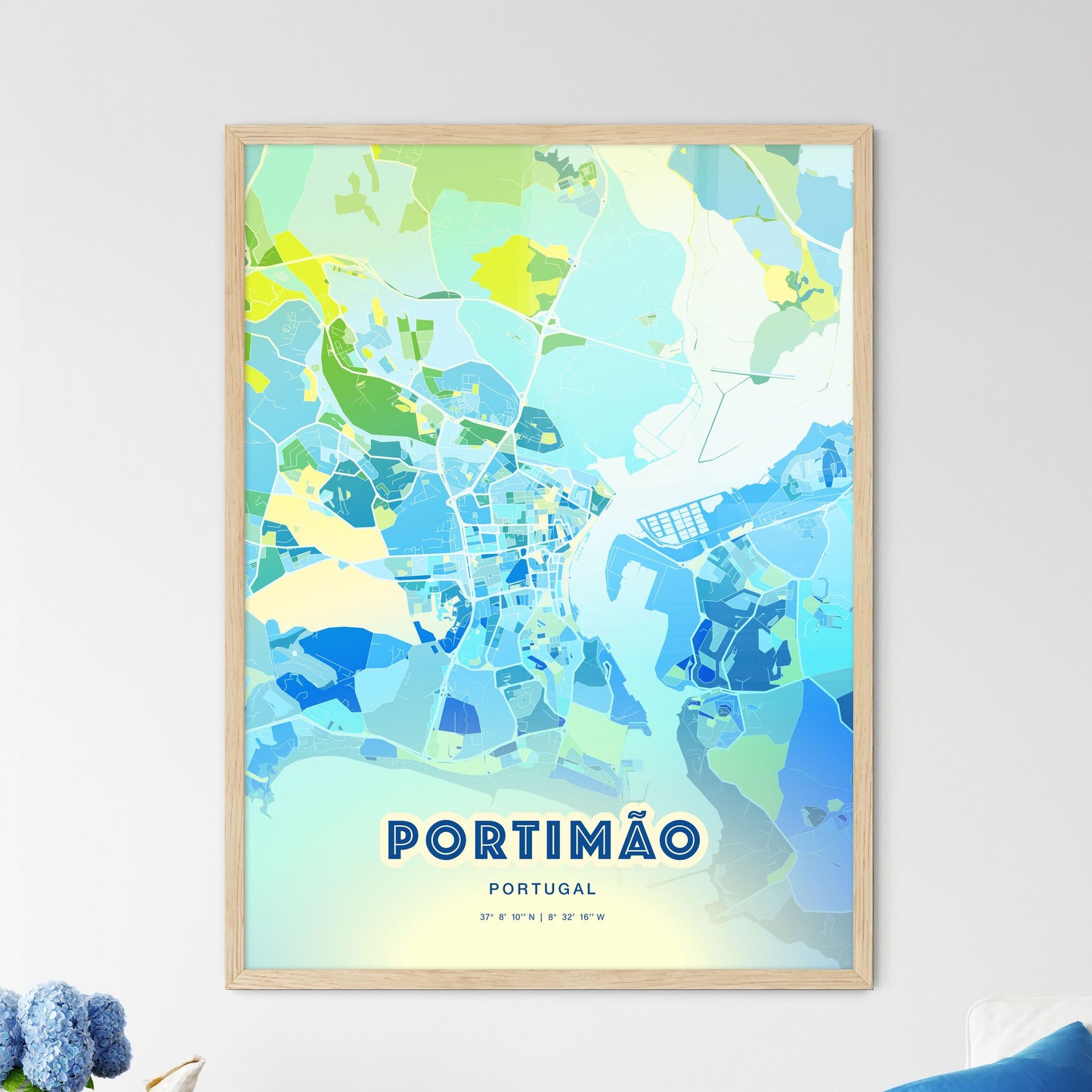 Colorful Portimão Portugal Fine Art Map Cool Blue