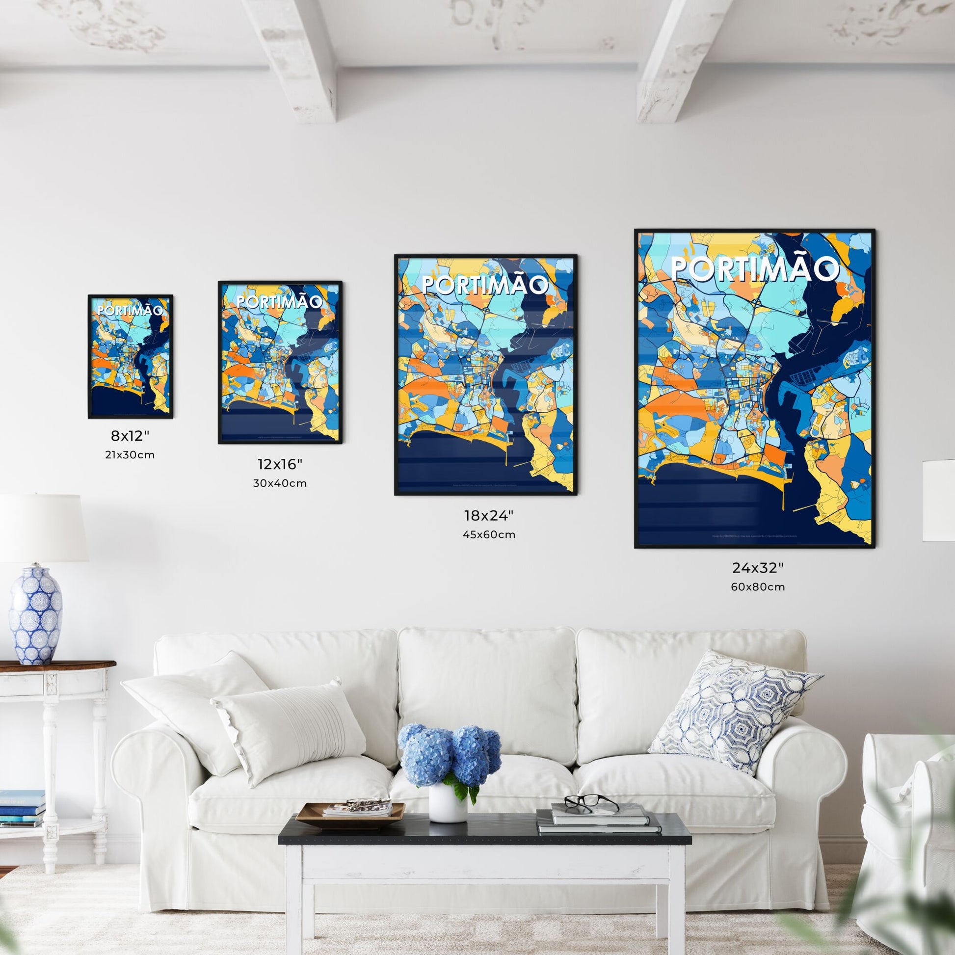 PORTIMÃO PORTUGAL Vibrant Colorful Art Map Poster Blue Orange