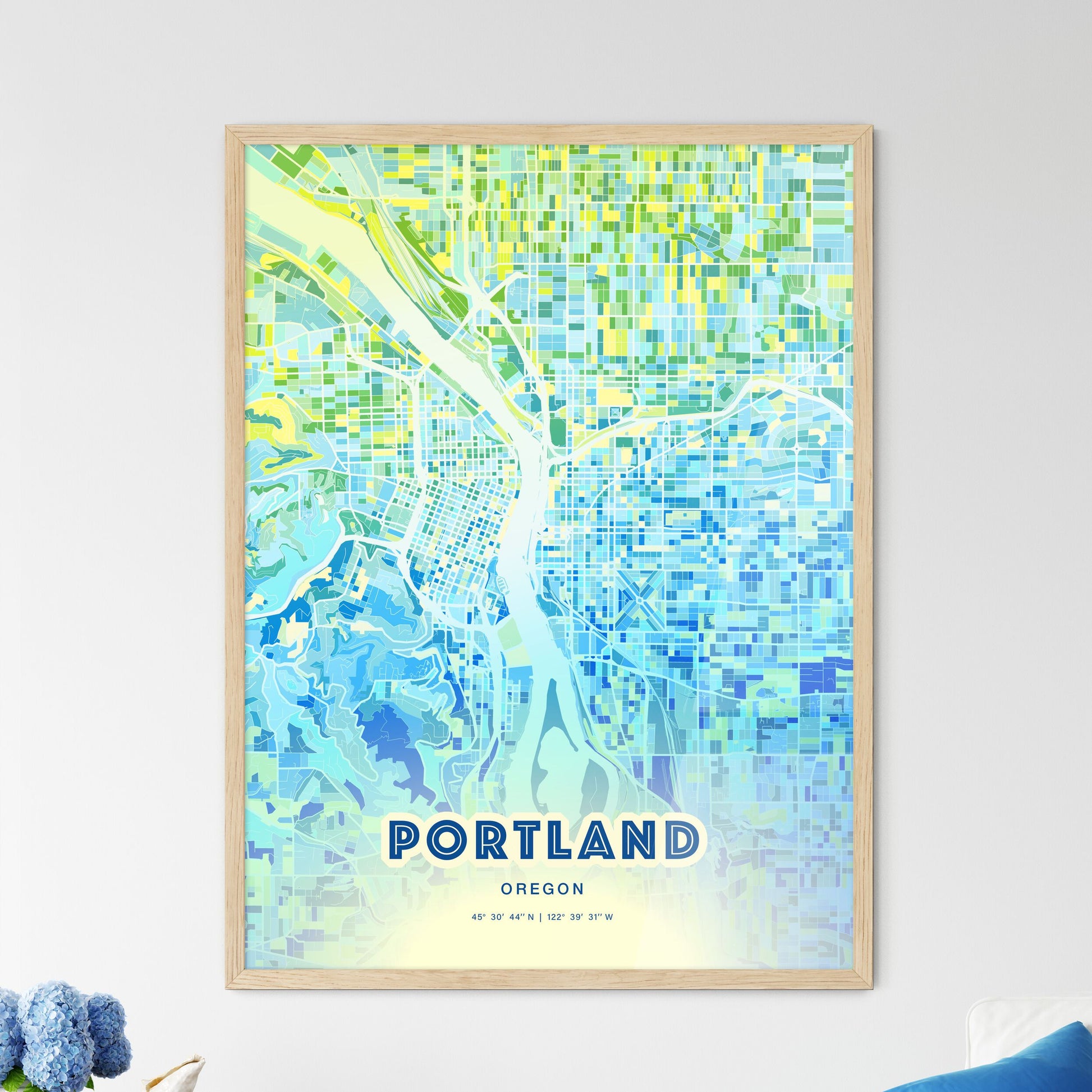 Colorful Portland Oregon Fine Art Map Cool Blue