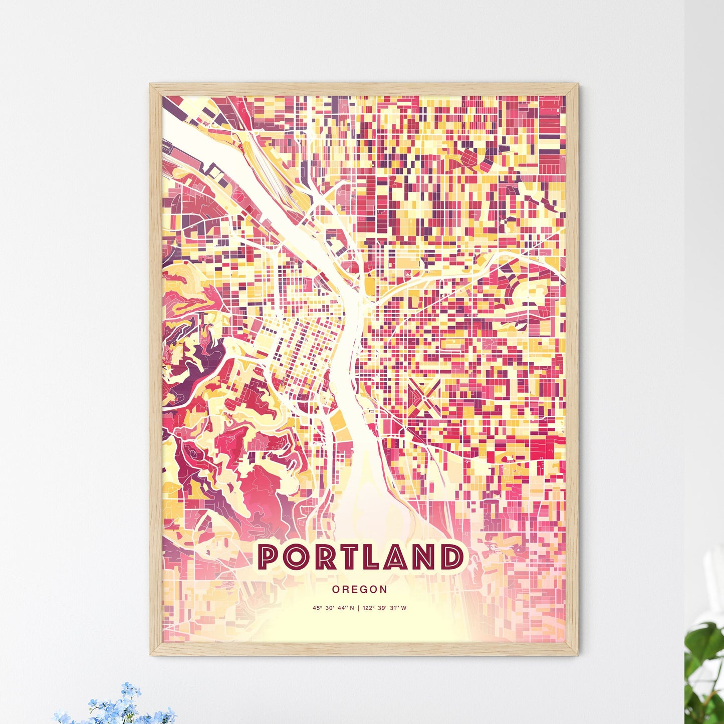 Colorful Portland Oregon Fine Art Map Hot Red