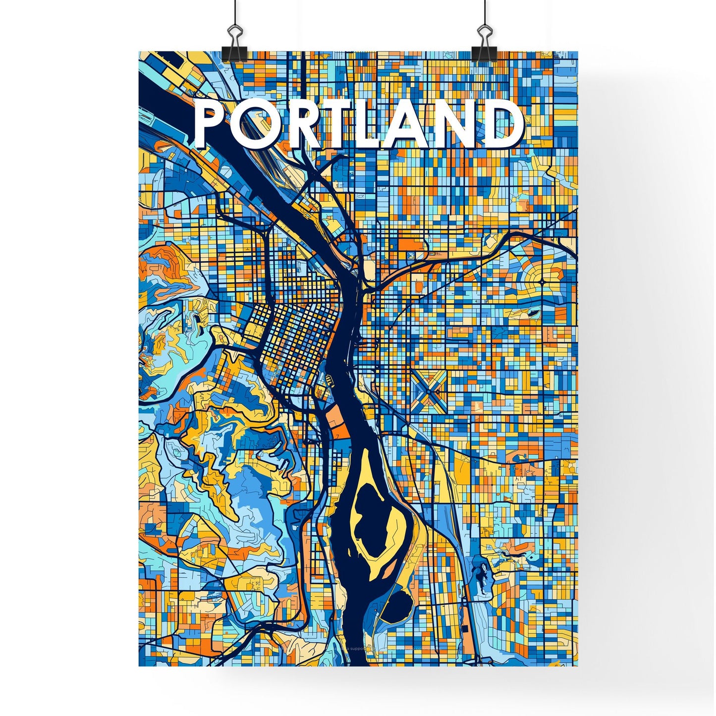 PORTLAND OREGON Vibrant Colorful Art Map Poster Blue Orange