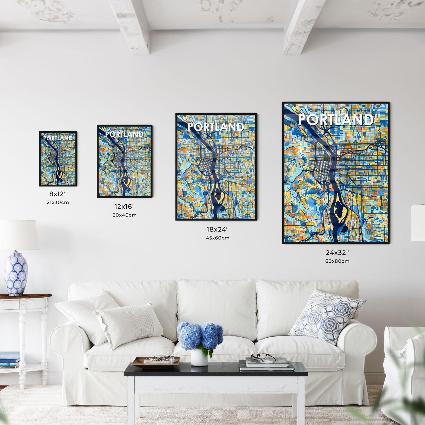 PORTLAND OREGON Vibrant Colorful Art Map Poster Blue Orange