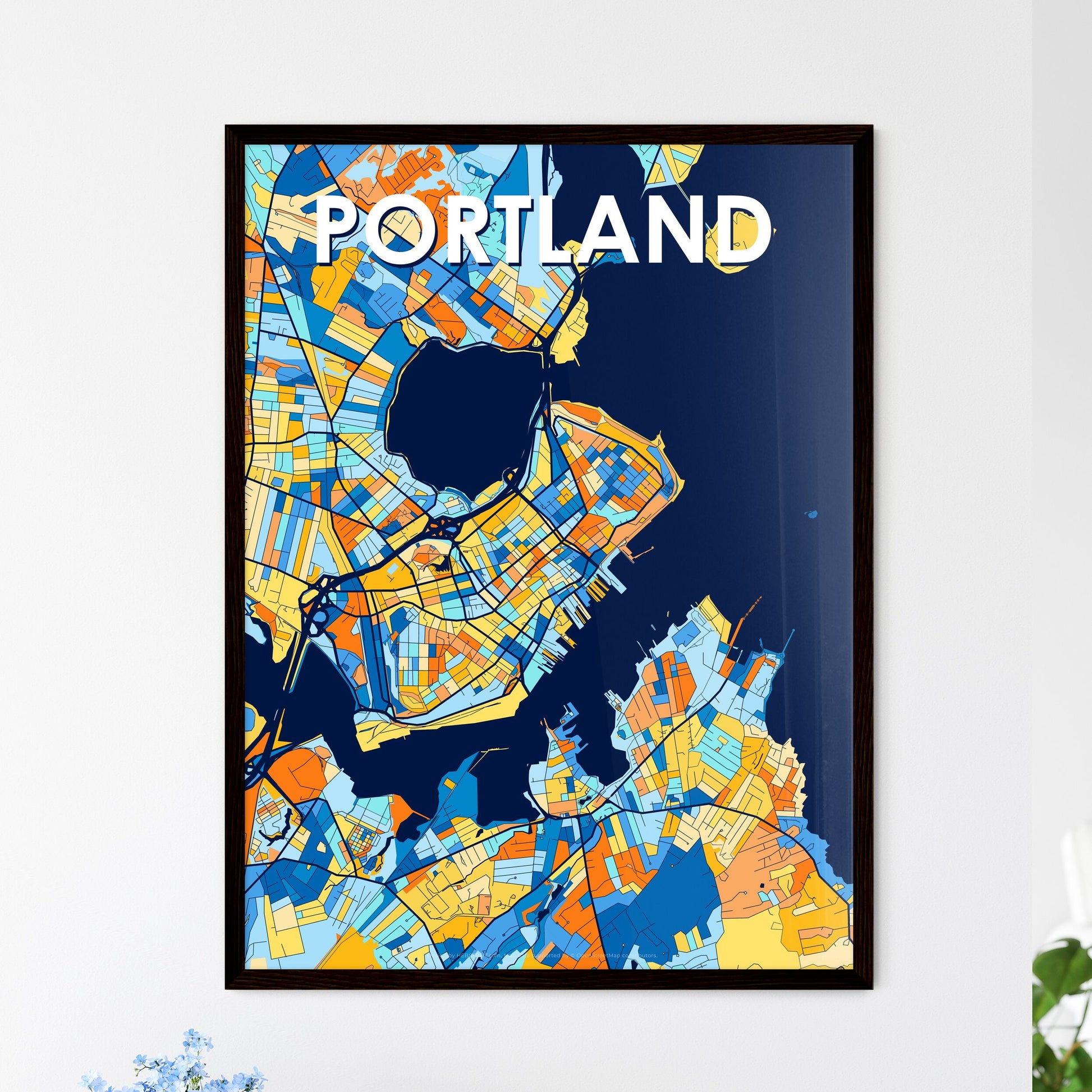 PORTLAND MAINE Vibrant Colorful Art Map Poster Blue Orange