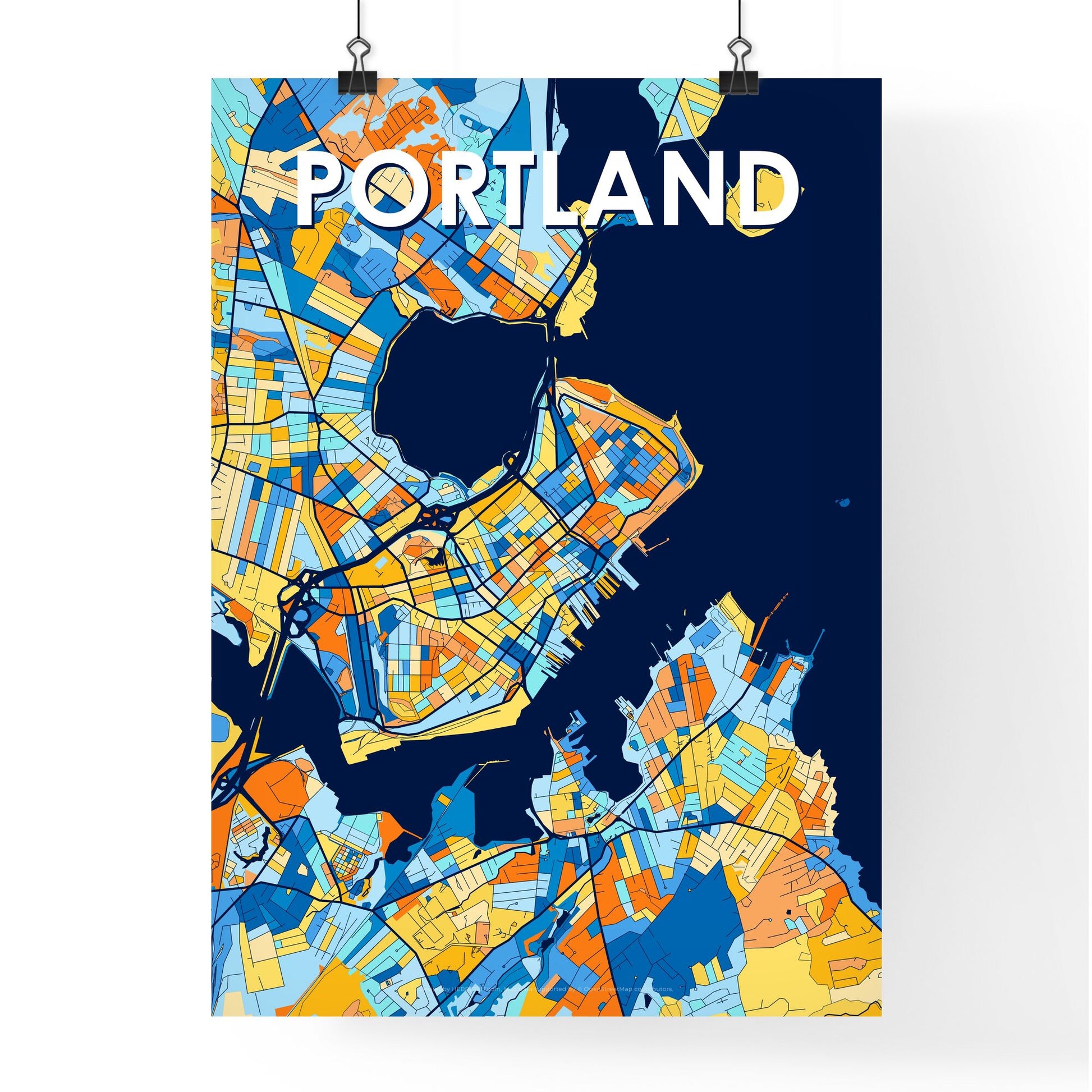 PORTLAND MAINE Vibrant Colorful Art Map Poster Blue Orange