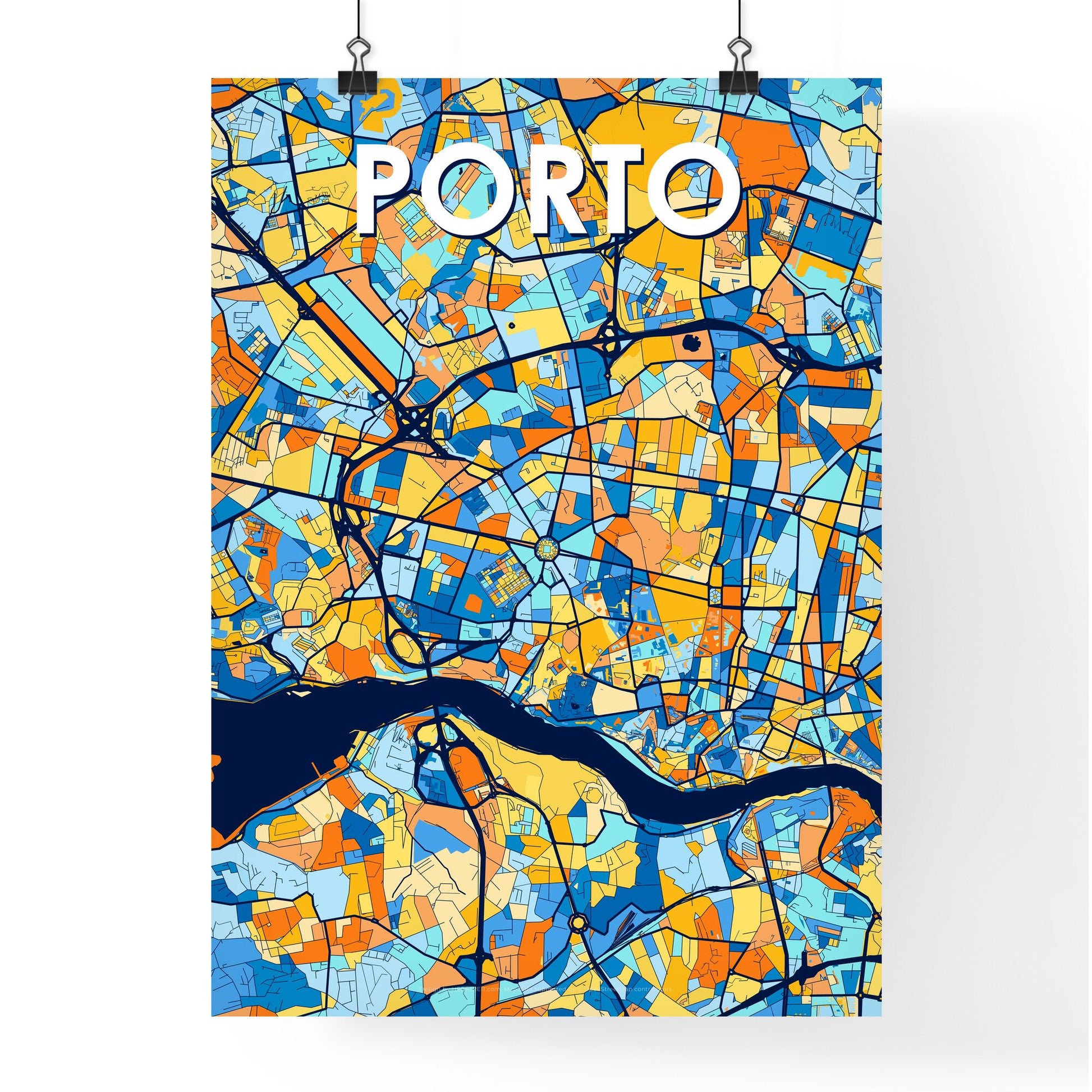 PORTO PORTUGAL Vibrant Colorful Art Map Poster Blue Orange