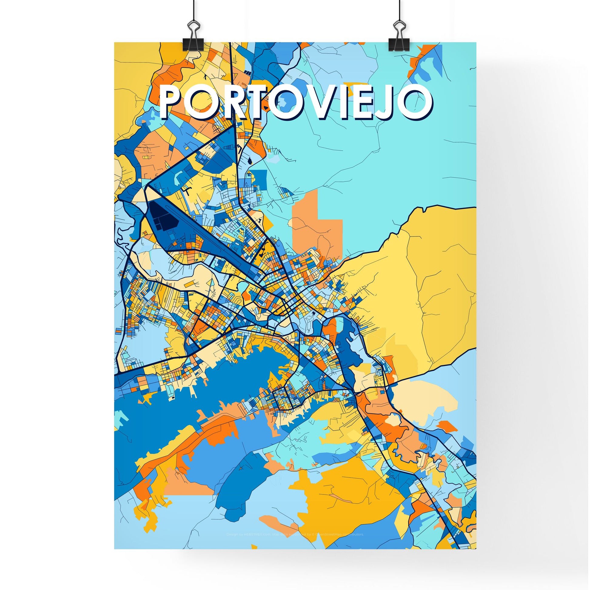 PORTOVIEJO ECUADOR Vibrant Colorful Art Map Poster Blue Orange