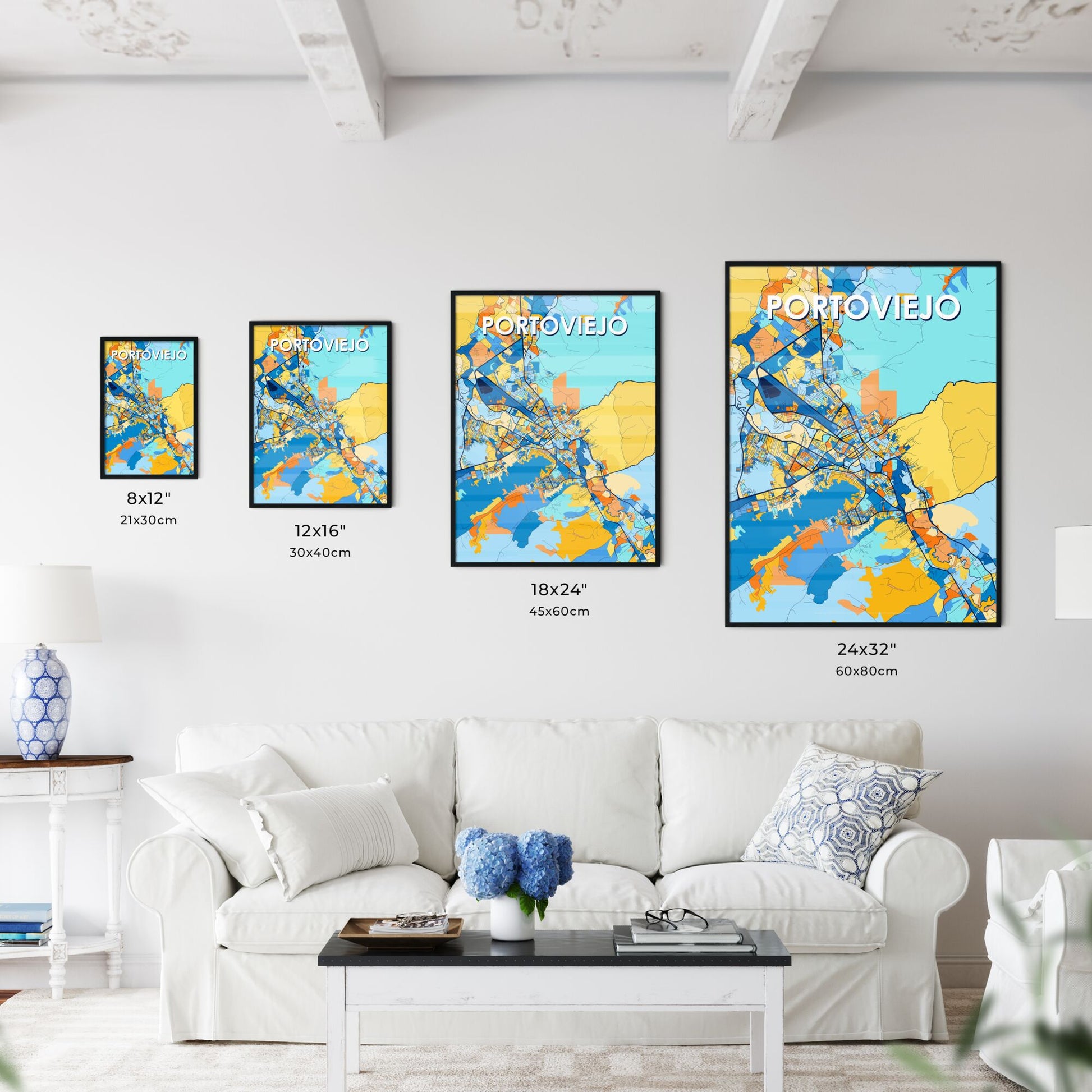 PORTOVIEJO ECUADOR Vibrant Colorful Art Map Poster Blue Orange