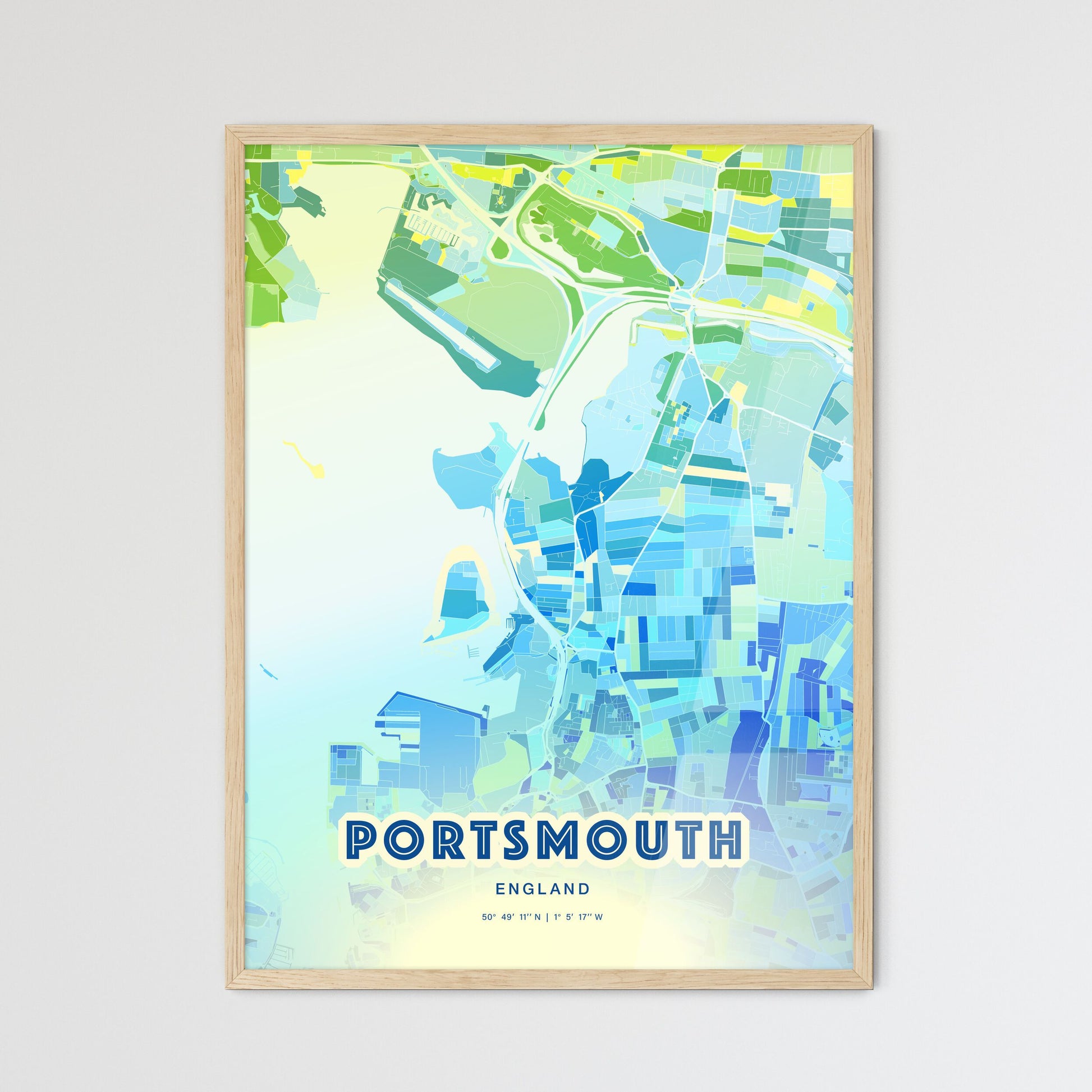 Colorful Portsmouth England Fine Art Map Cool Blue