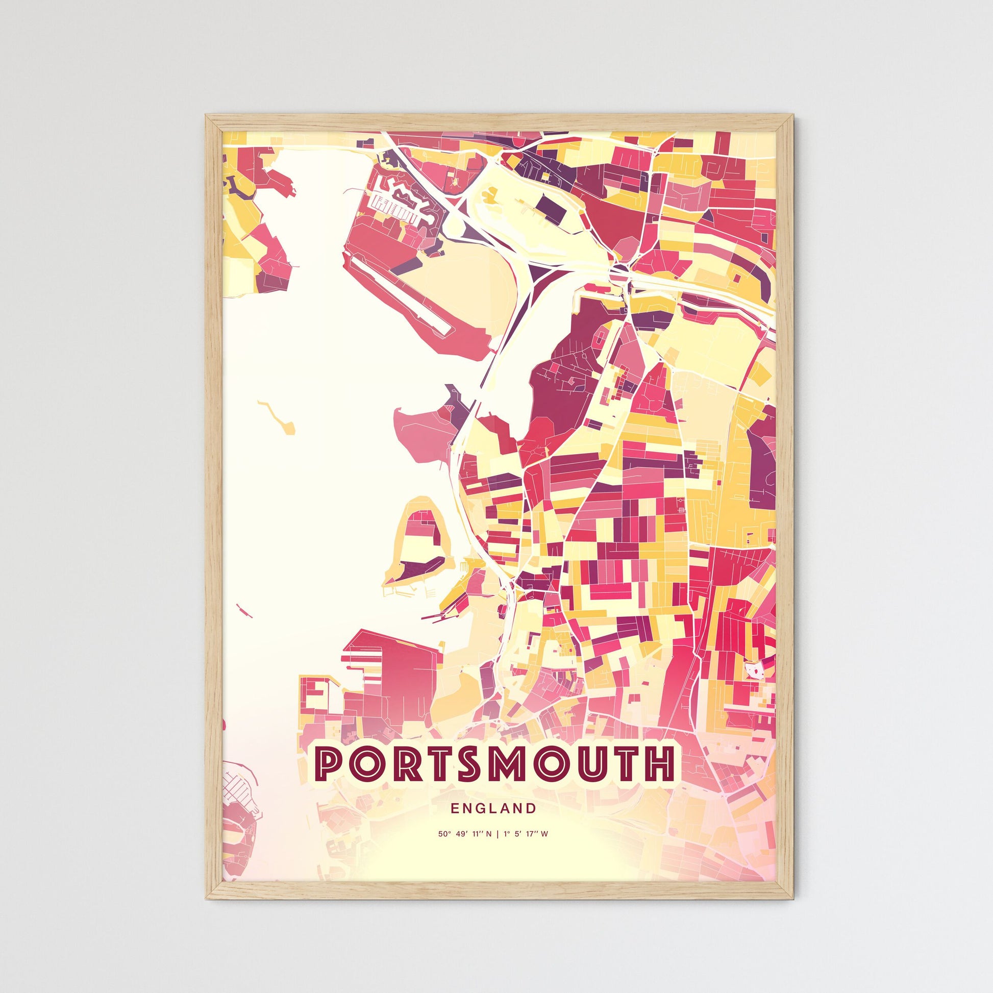 Colorful Portsmouth England Fine Art Map Hot Red