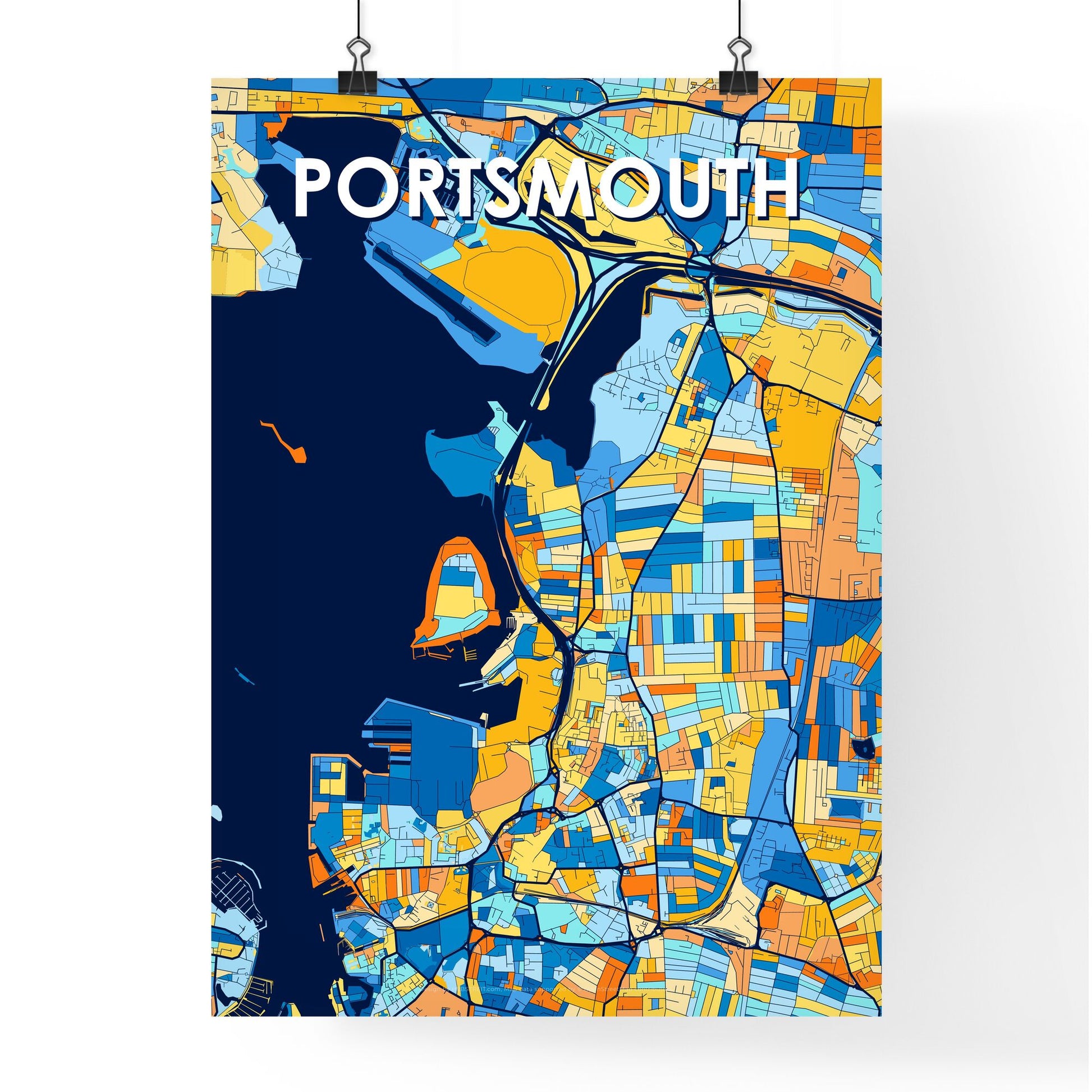 PORTSMOUTH ENGLAND Vibrant Colorful Art Map Poster Blue Orange