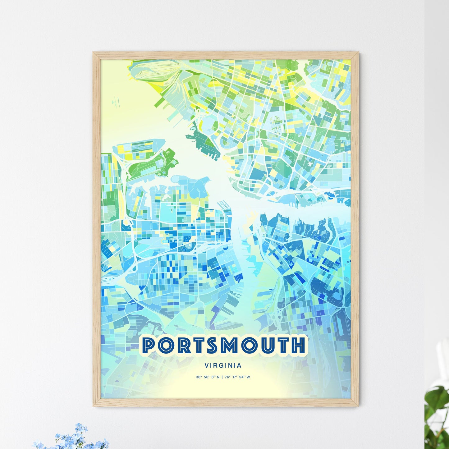 Colorful Portsmouth Virginia Fine Art Map Cool Blue
