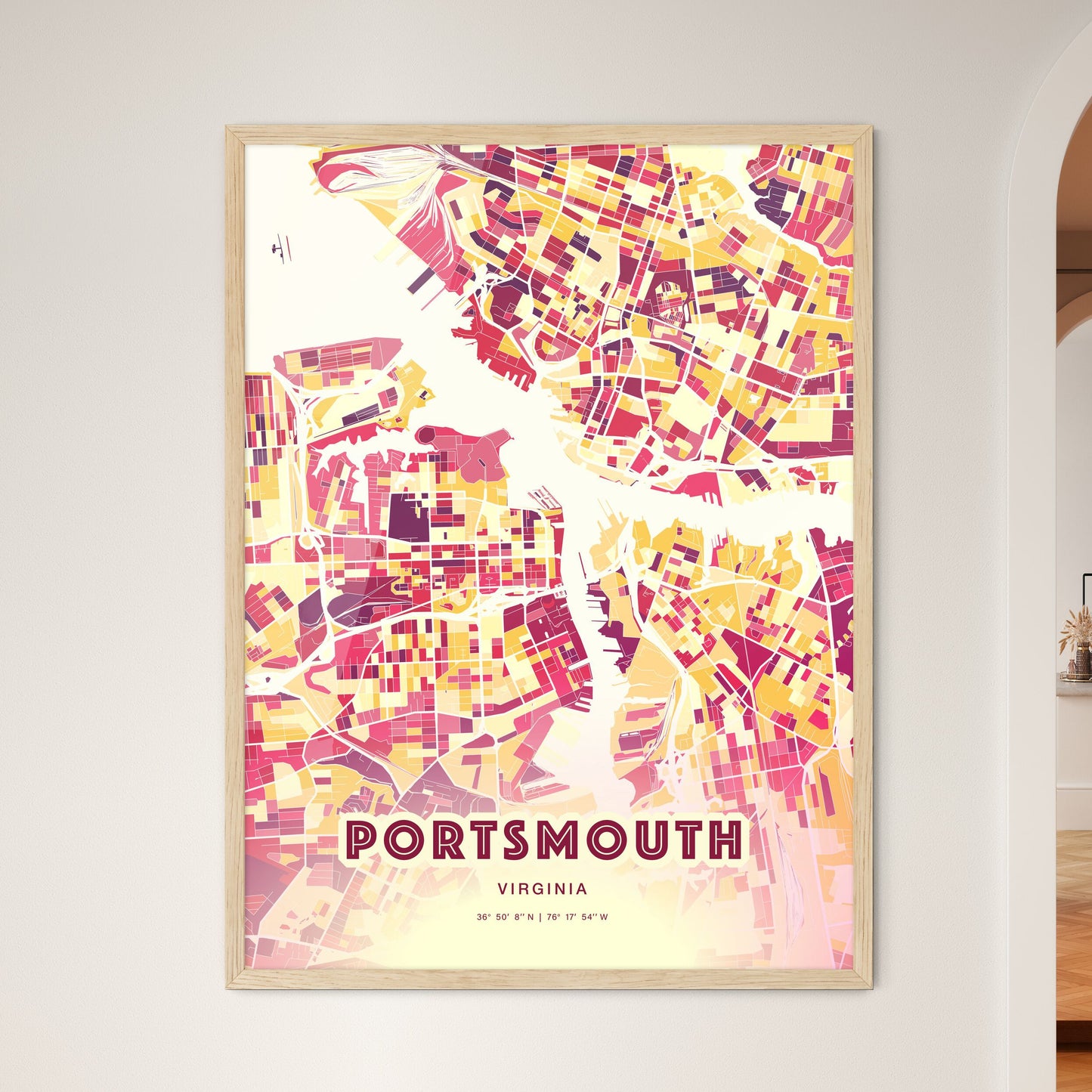 Colorful Portsmouth Virginia Fine Art Map Hot Red