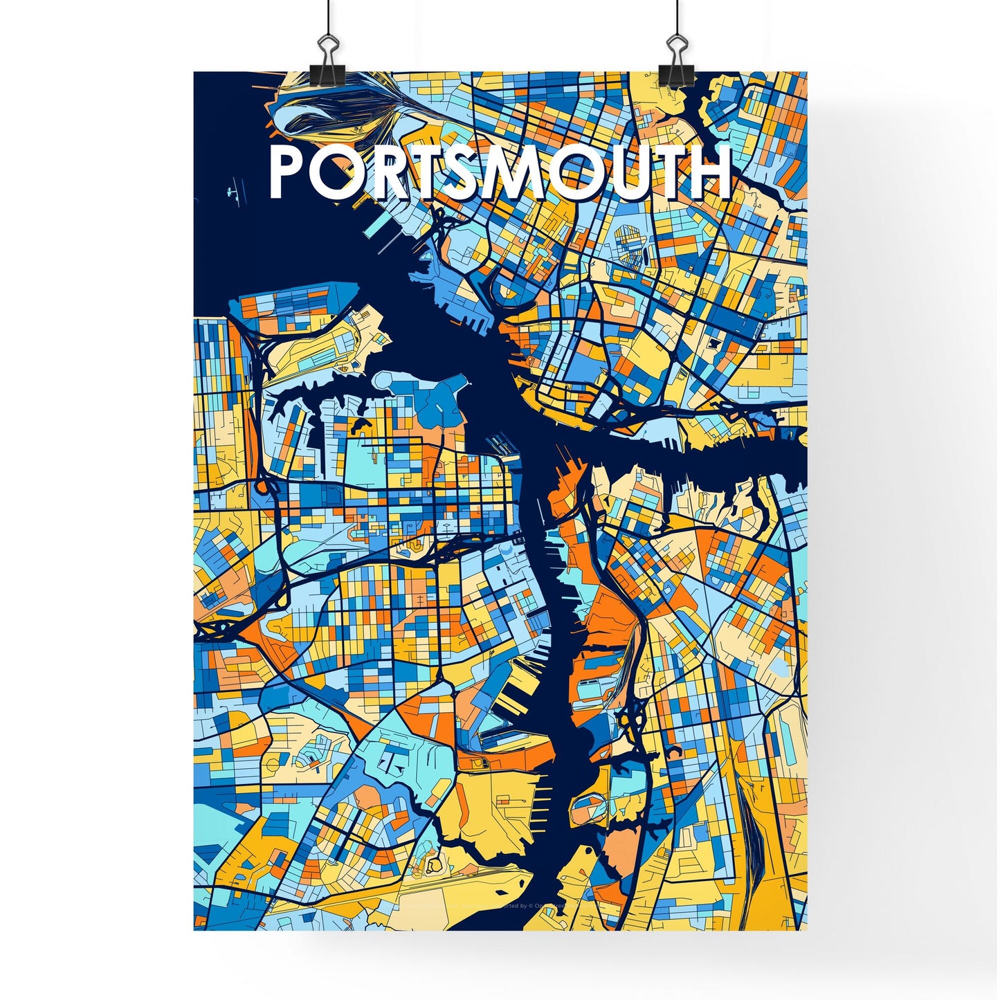 PORTSMOUTH VIRGINIA Vibrant Colorful Art Map Poster Blue Orange